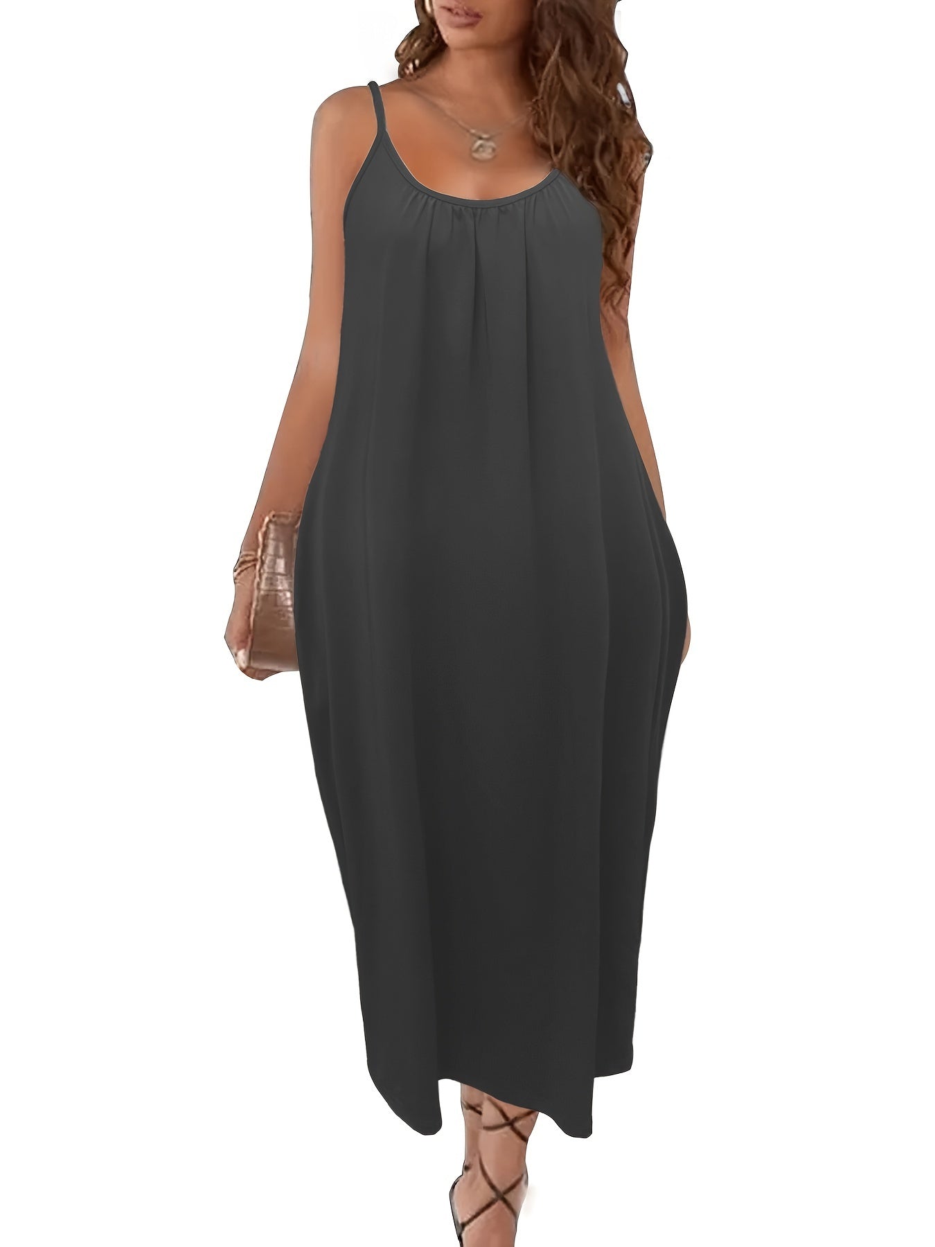 Women's Solid Pockets Spaghetti Maxi Dress - Casual Summer Style   OAXG 