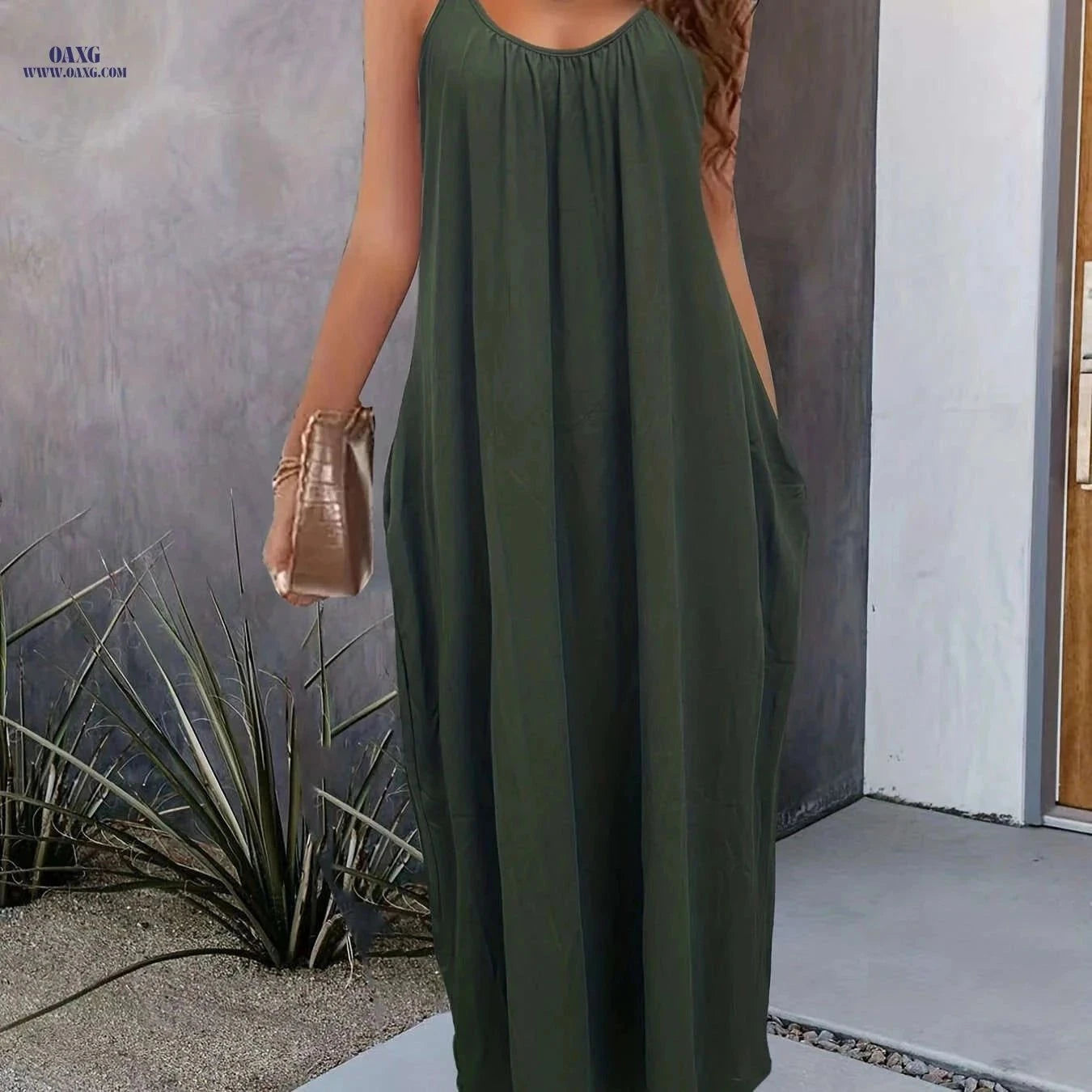 Women's Solid Pockets Spaghetti Maxi Dress - Casual Summer Style   OAXG Black / S