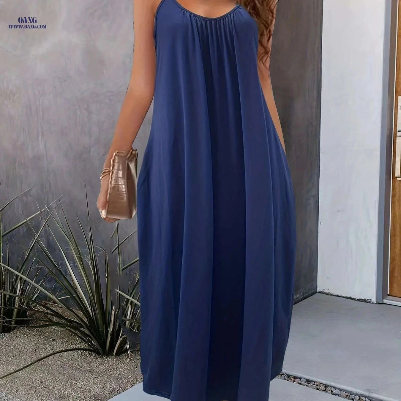 Women's Solid Pockets Spaghetti Maxi Dress - Casual Summer Style   OAXG Black / S