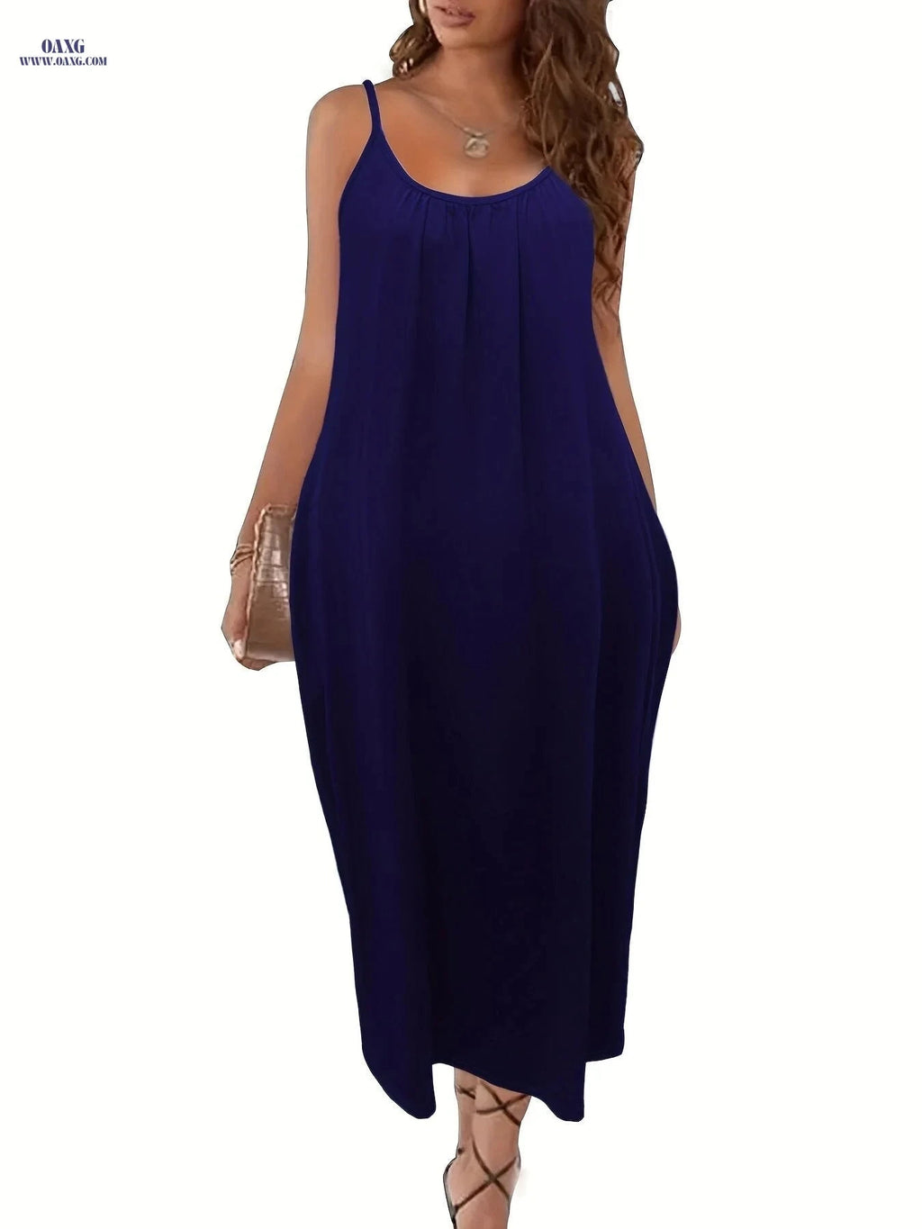 Women's Solid Pockets Spaghetti Maxi Dress - Casual Summer Style   OAXG Black / S