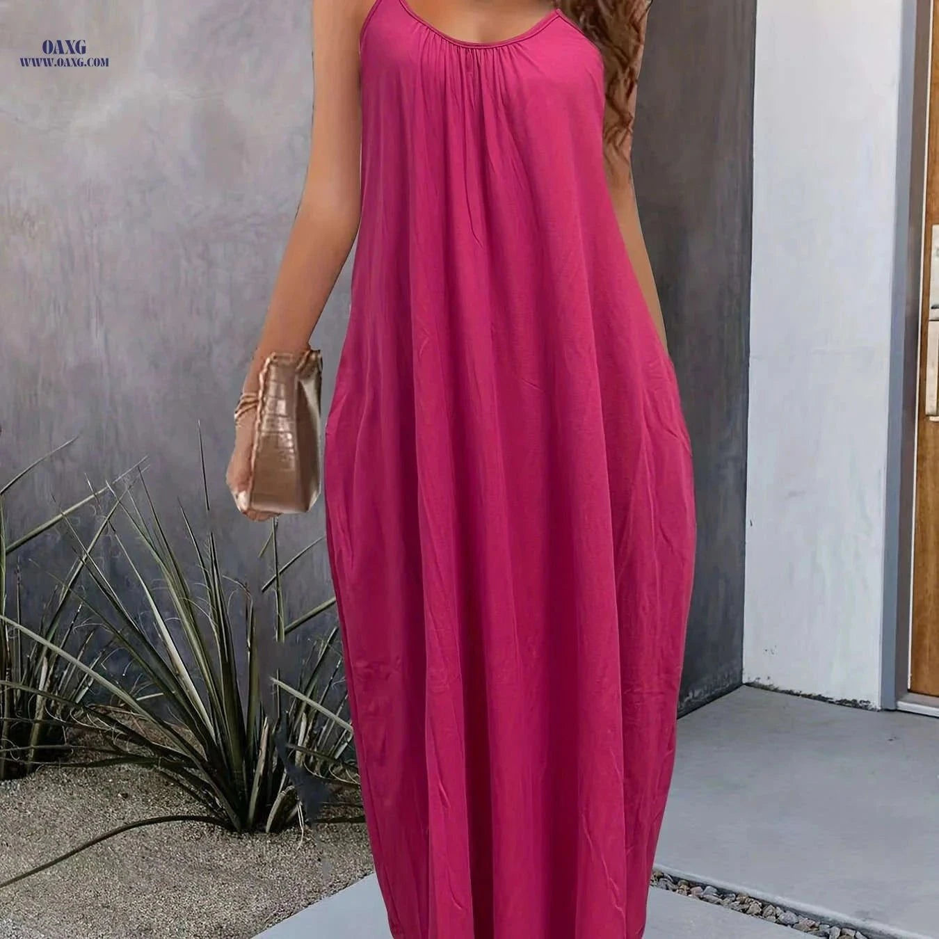 Women's Solid Pockets Spaghetti Maxi Dress - Casual Summer Style   OAXG Black / S