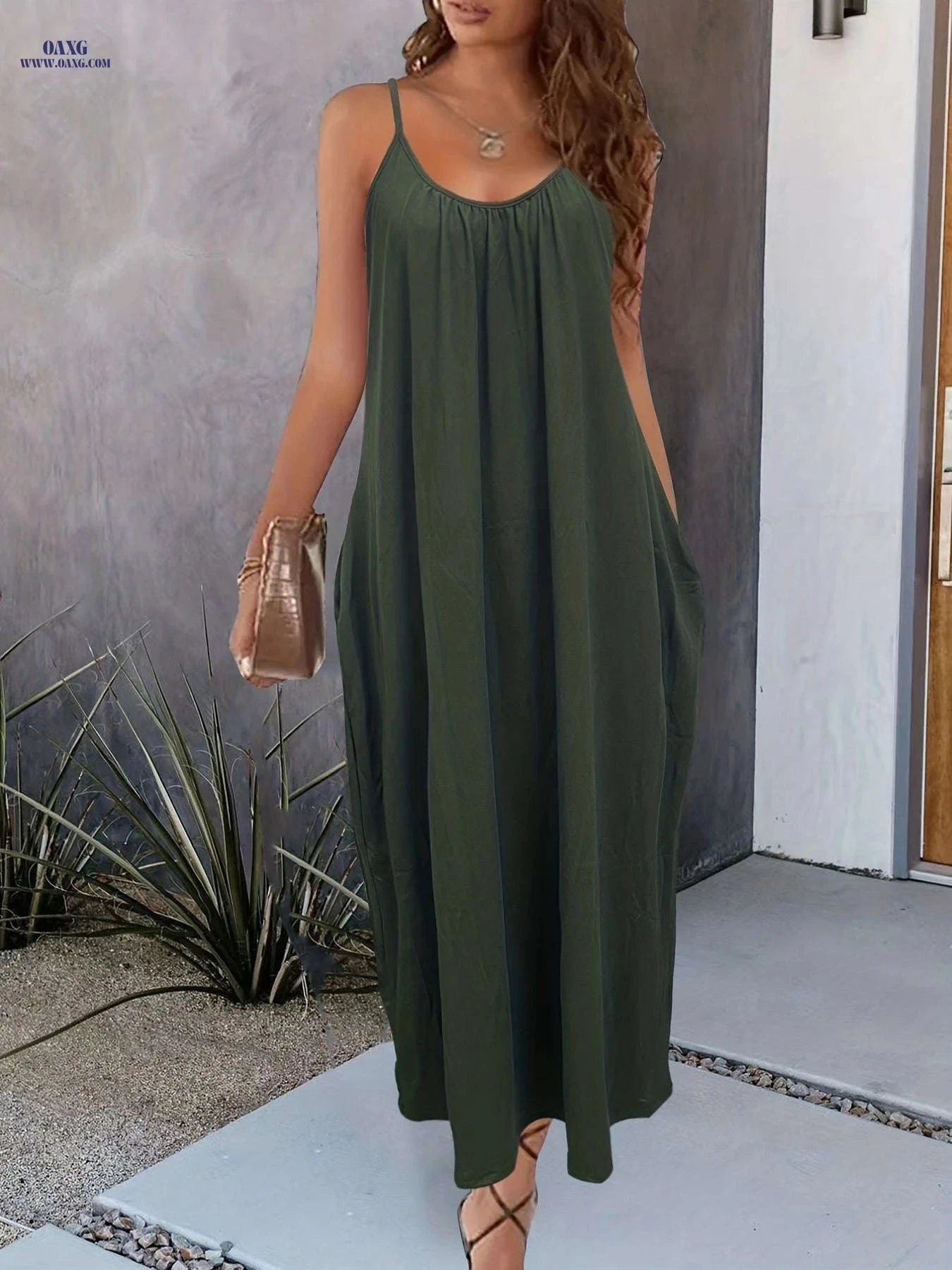 Women's Solid Pockets Spaghetti Maxi Dress - Casual Summer Style   OAXG 
