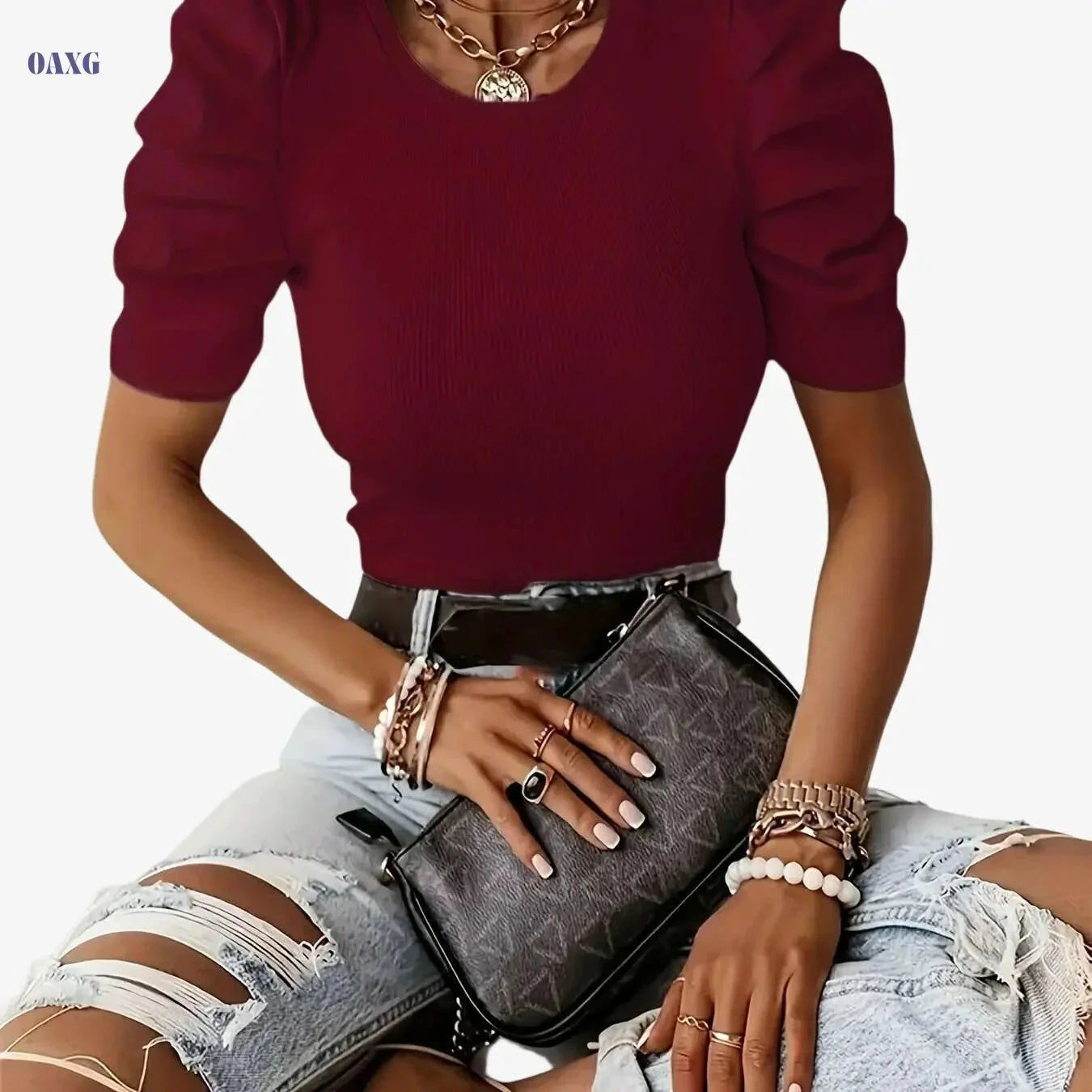 Women's Solid Rib-knit Puff Sleeve T-shirt - Casual Crew Neck Top   OAXG Black / S