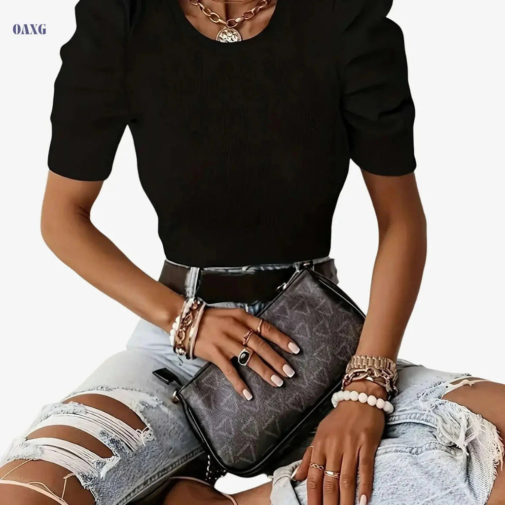 Women's Solid Rib-knit Puff Sleeve T-shirt - Casual Crew Neck Top   OAXG 