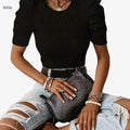 Women's Solid Rib-knit Puff Sleeve T-shirt - Casual Crew Neck Top   OAXG 