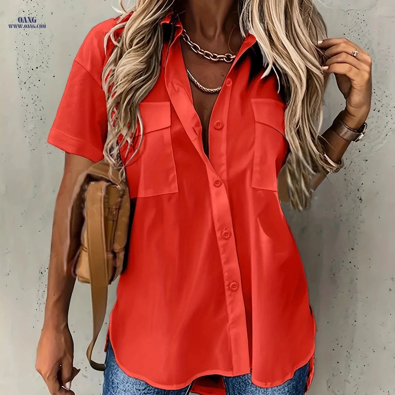 Women's Solid Short Sleeve Shirt with Pockets - Elegant Everyday Wear   OAXG Yellow / S