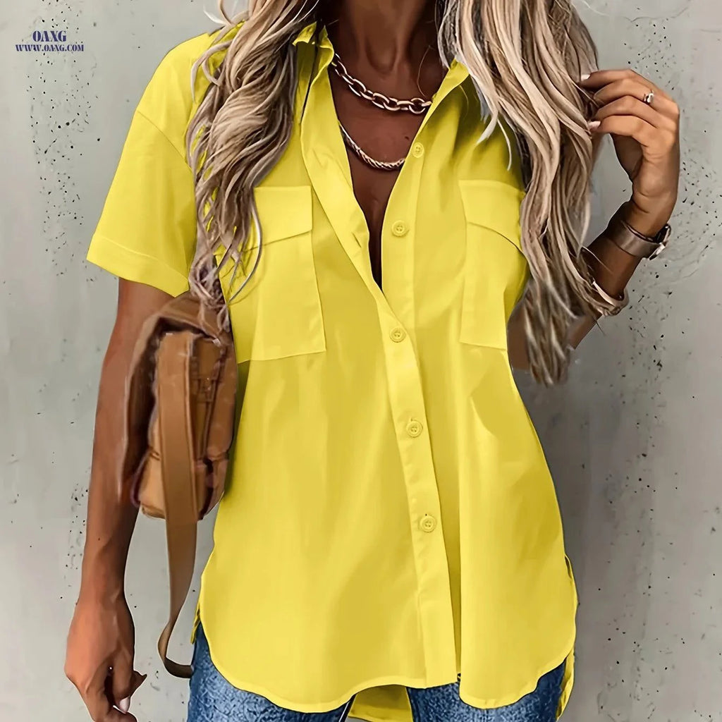 Women's Solid Short Sleeve Shirt with Pockets - Elegant Everyday Wear   OAXG Yellow / S