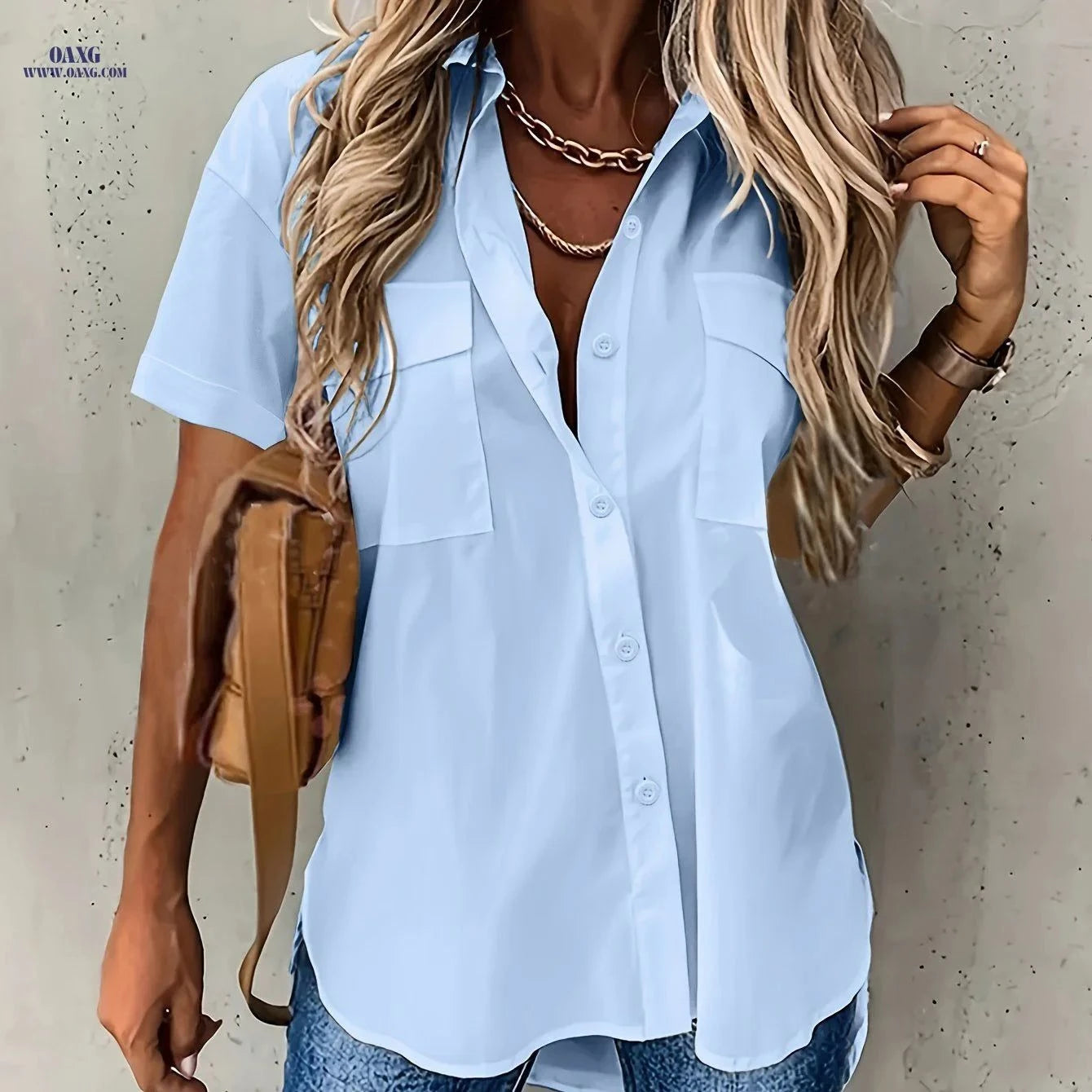 Women's Solid Short Sleeve Shirt with Pockets - Elegant Everyday Wear   OAXG Yellow / S