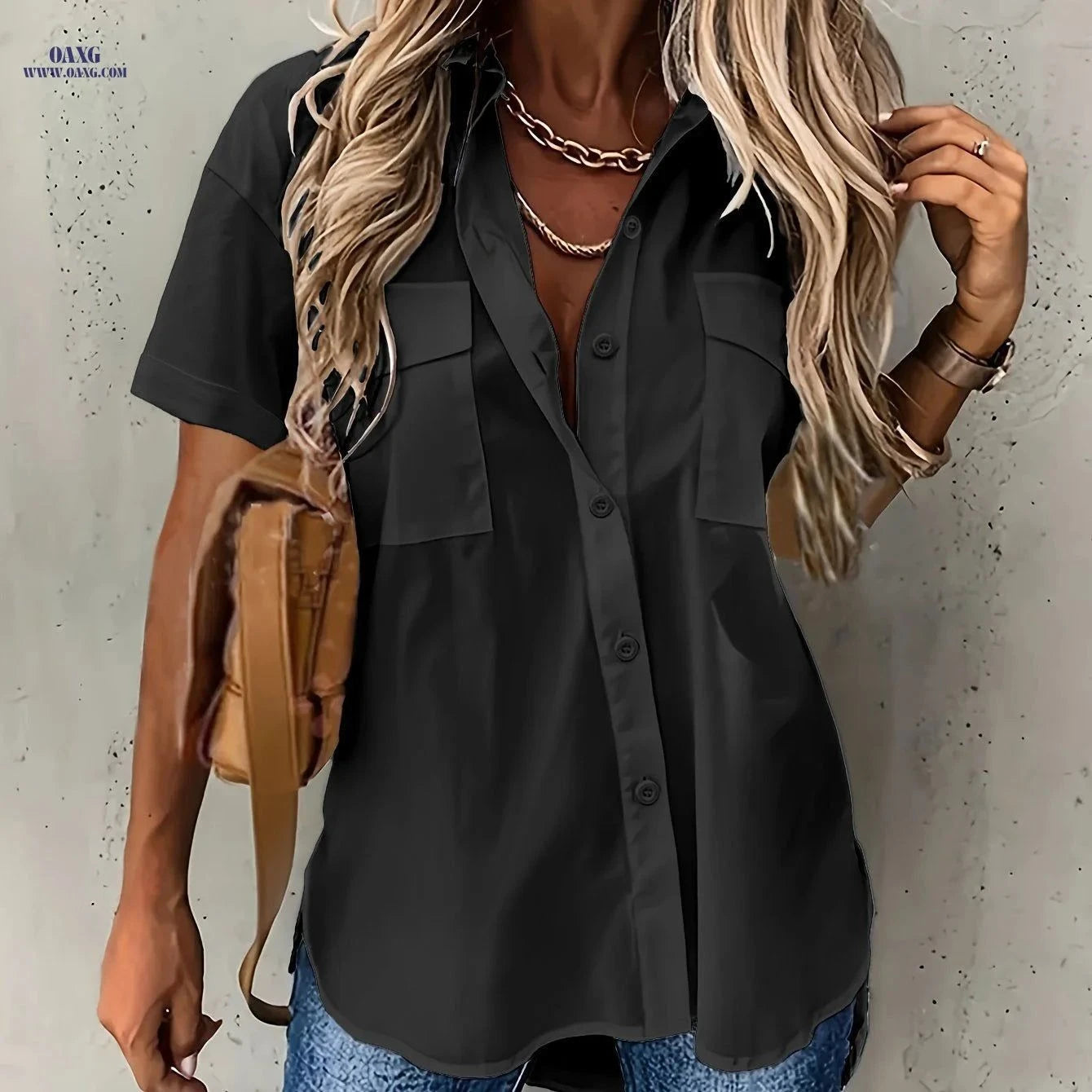Women's Solid Short Sleeve Shirt with Pockets - Elegant Everyday Wear   OAXG Yellow / S