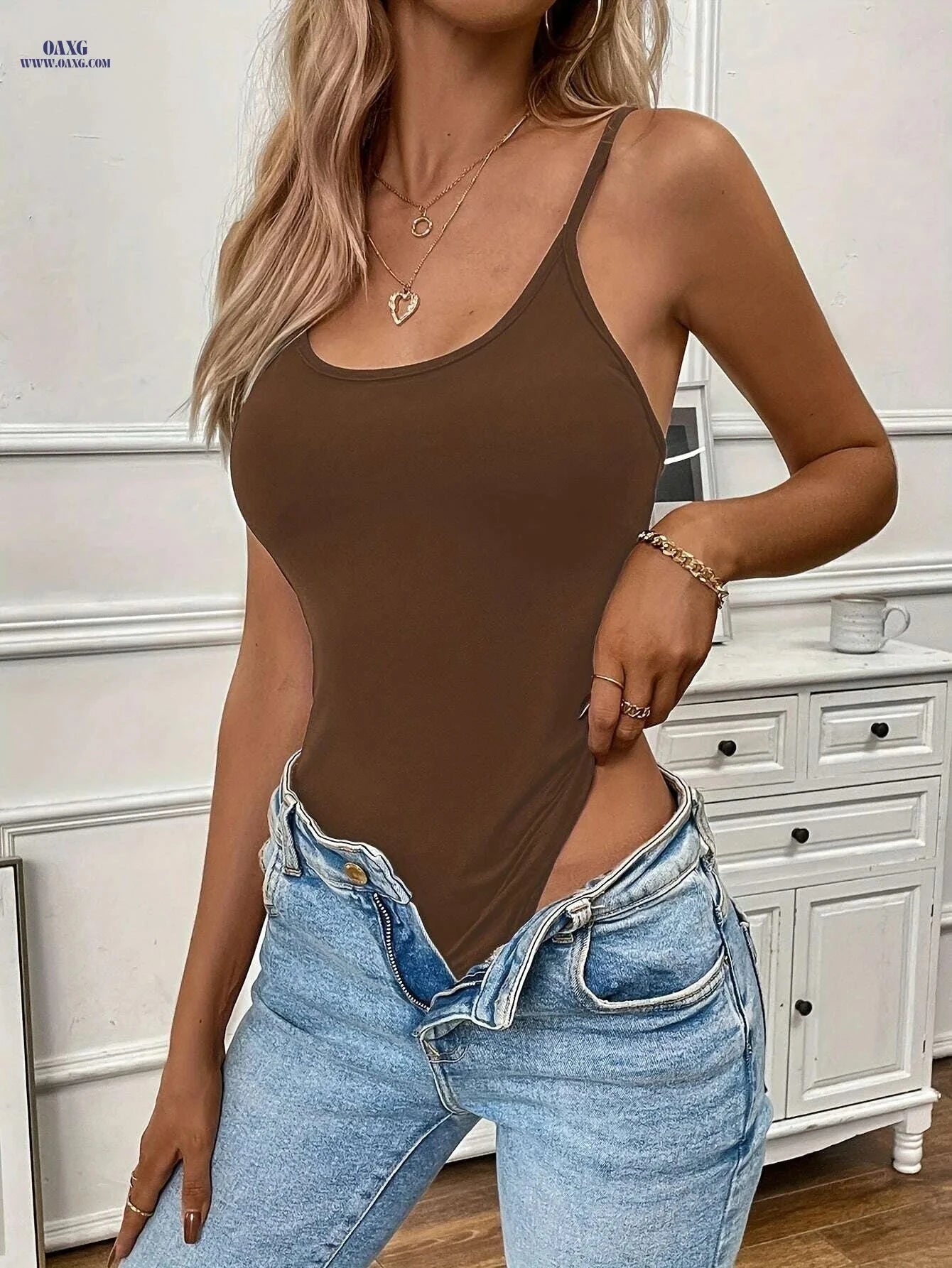 Women's Solid Spaghetti Strap Bodysuit - Casual Backless Style   OAXG 