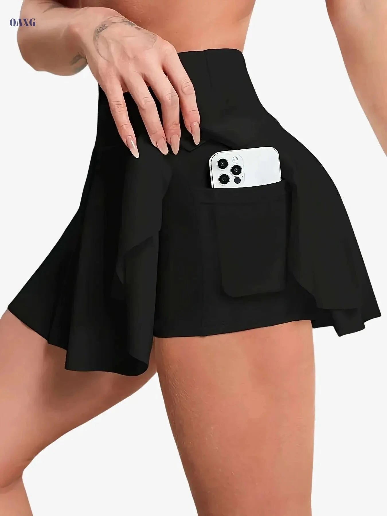 Women's Solid White Athletic Skort - High-Waisted, Stretchy with Pocket   OAXG Black / S