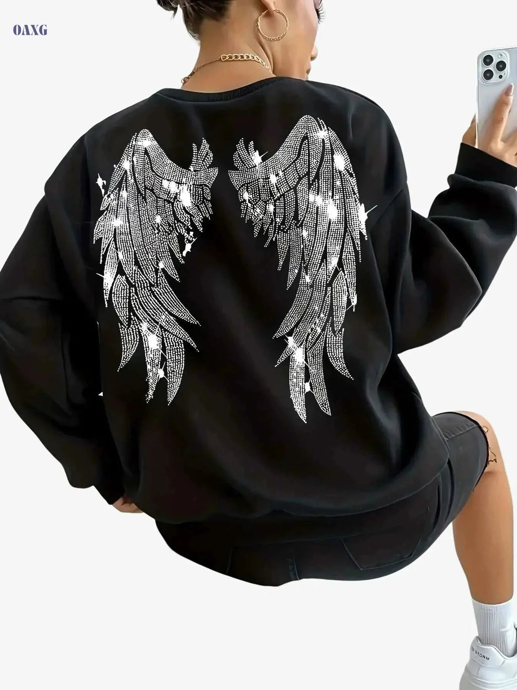 Women's Sparkling Angel Wings Sweatshirt - Cozy Casual Fall Pullover   OAXG 