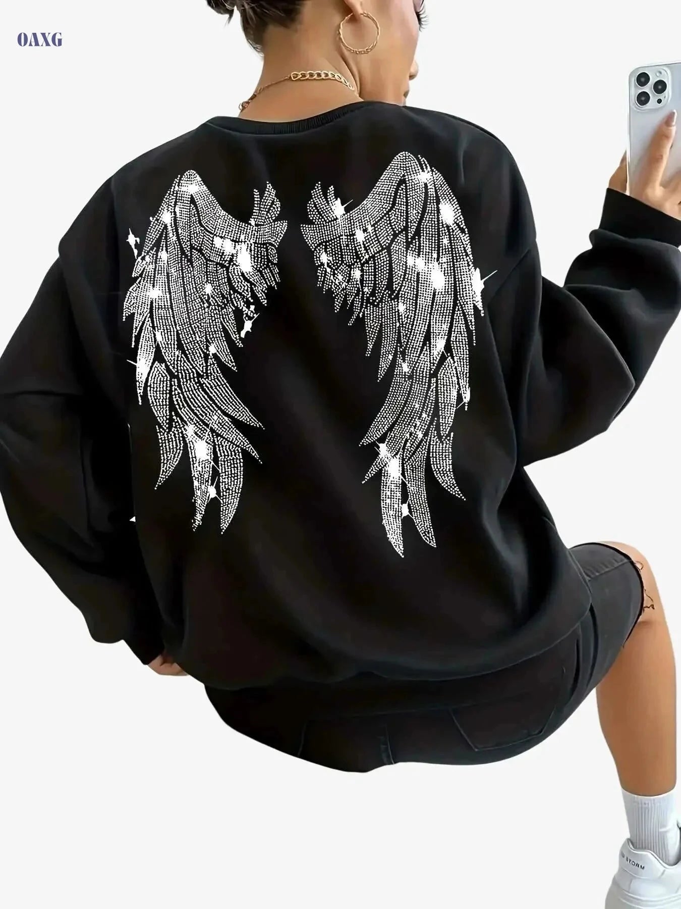 Women's Sparkling Angel Wings Sweatshirt - Cozy Casual Fall Pullover   OAXG 