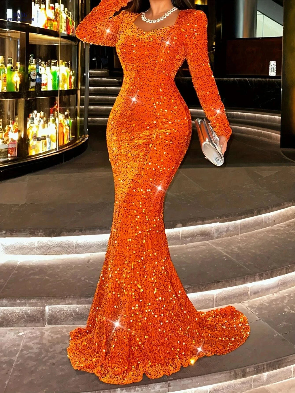Women's Sparkling Mermaid Evening Gown - Sequin Waist Slim-Fit Dress   OAXG 