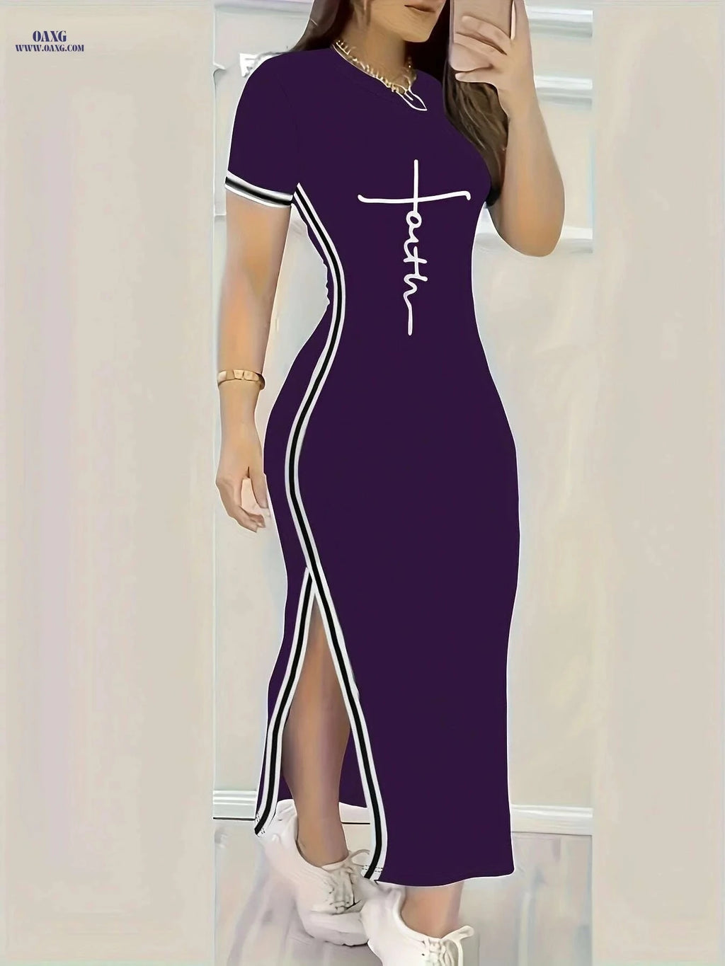 Women's Split Hem Bodycon Dress - Casual Print for Spring/Summer   OAXG 