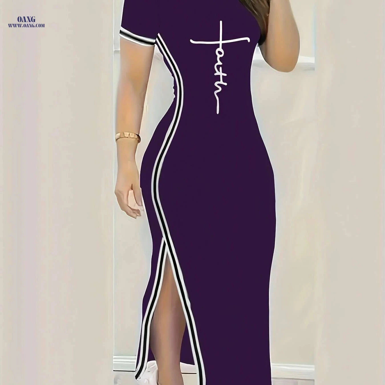 Women's Split Hem Bodycon Dress - Casual Print for Spring/Summer   OAXG Black / XS
