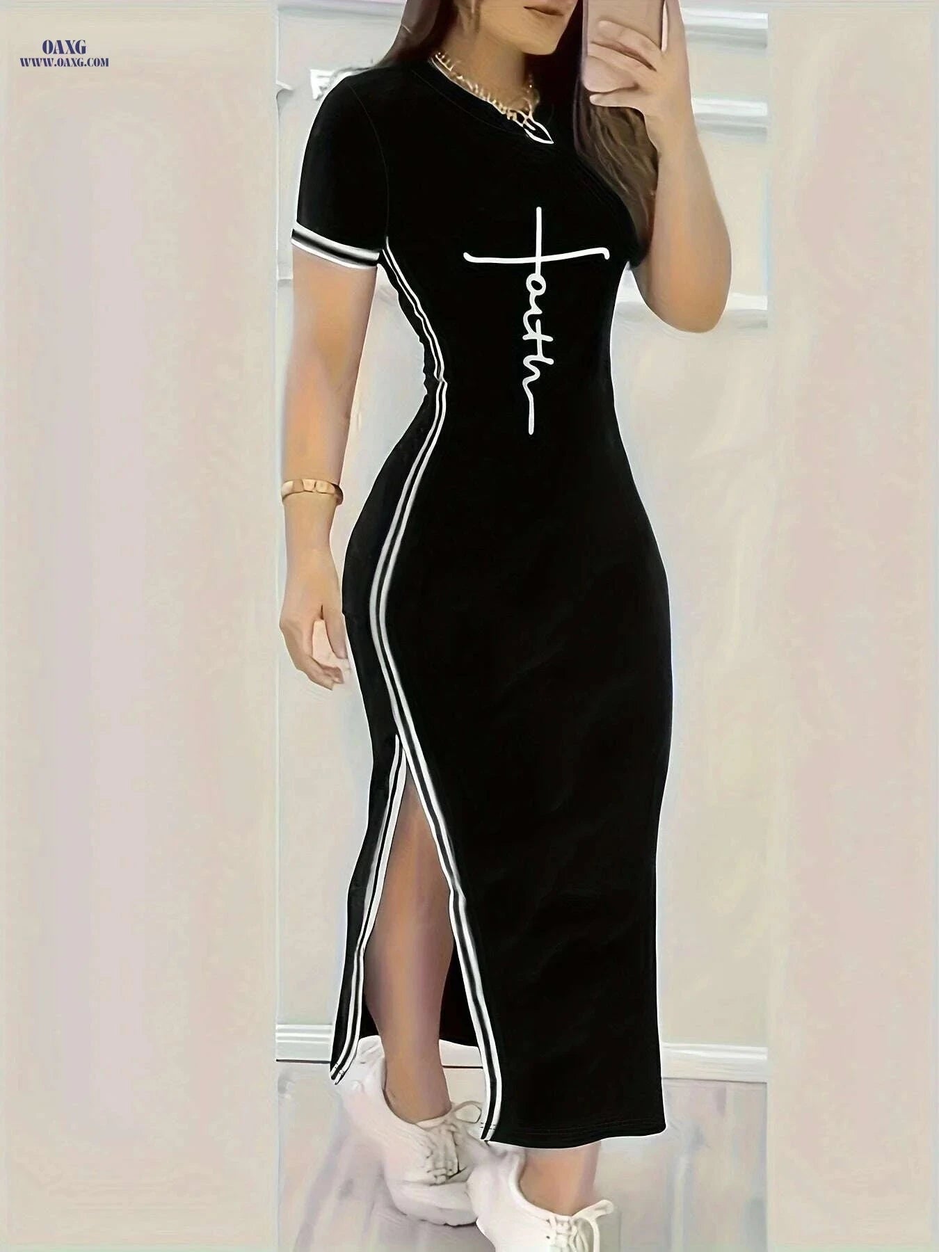 Women's Split Hem Bodycon Dress - Casual Print for Spring/Summer   OAXG Black / XS