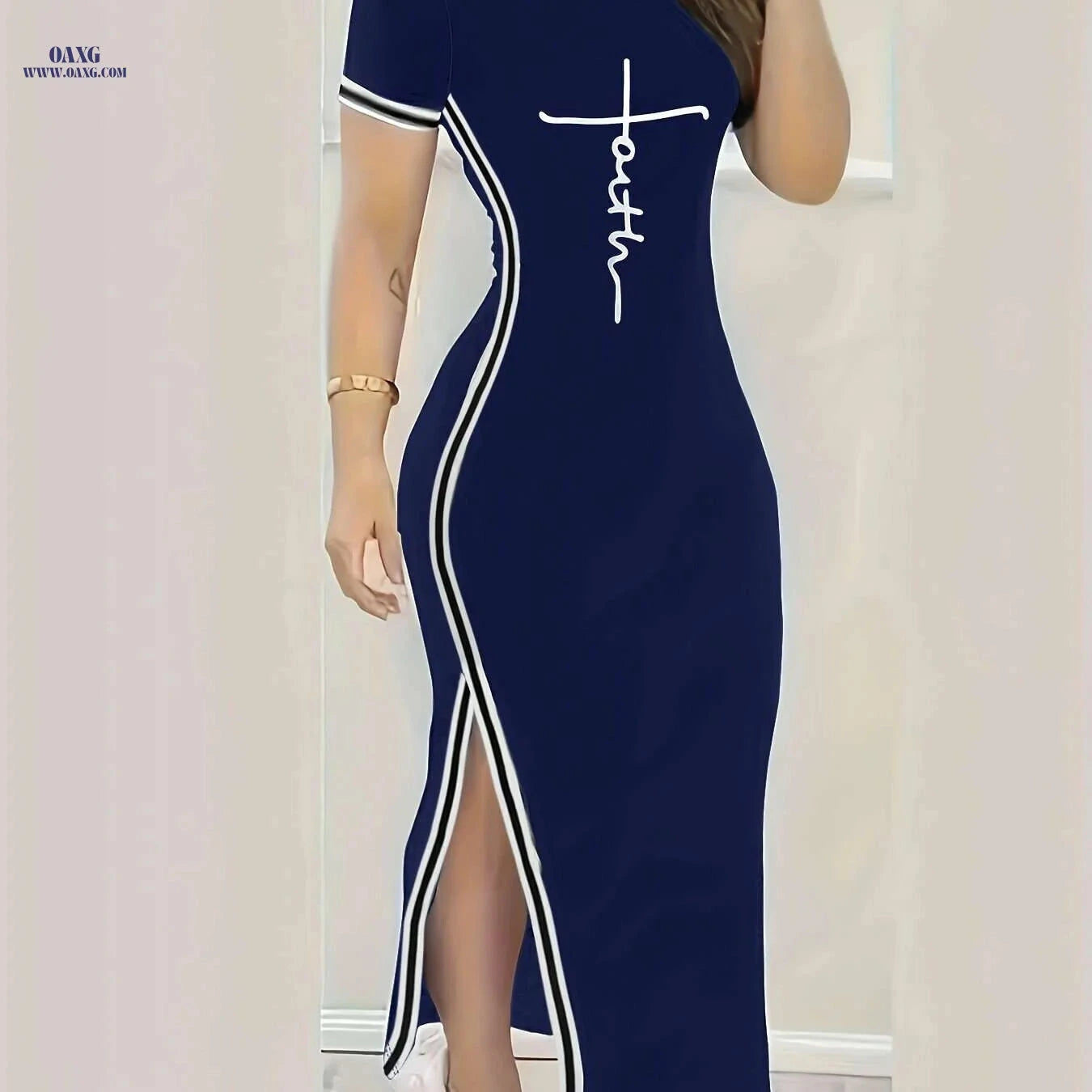 Women's Split Hem Bodycon Dress - Casual Print for Spring/Summer   OAXG Black / XS