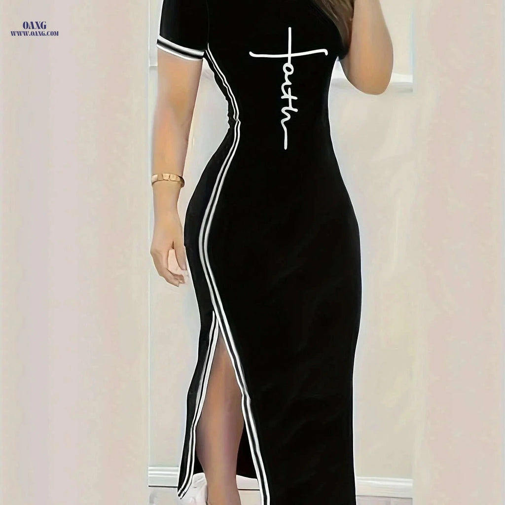 Women's Split Hem Bodycon Dress - Casual Print for Spring/Summer   OAXG 