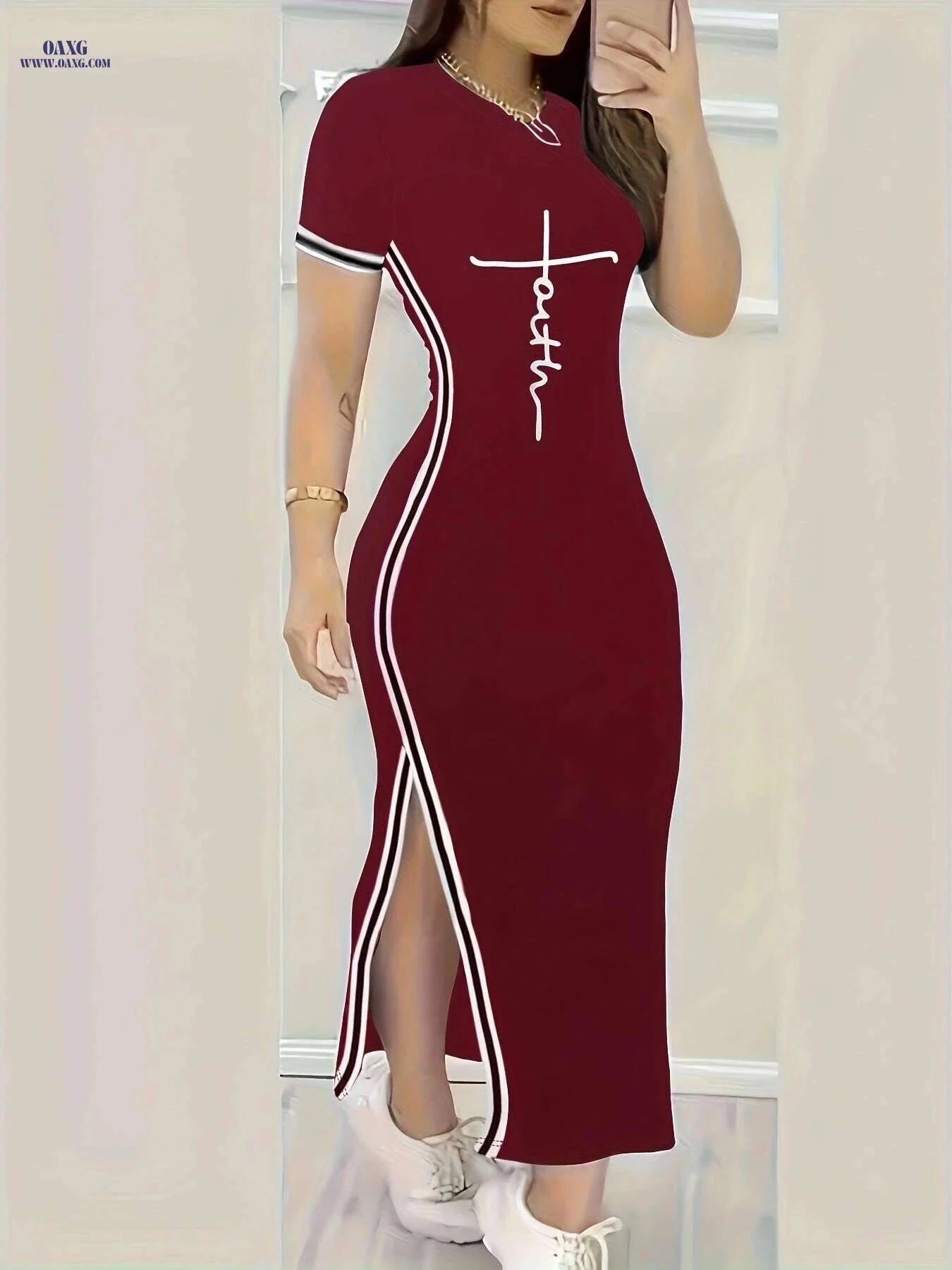 Women's Split Hem Bodycon Dress - Casual Print for Spring/Summer   OAXG 