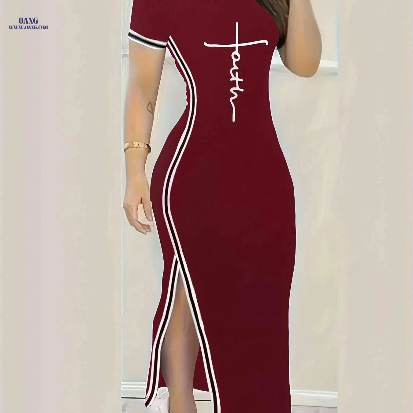 Women's Split Hem Bodycon Dress - Casual Print for Spring/Summer   OAXG 