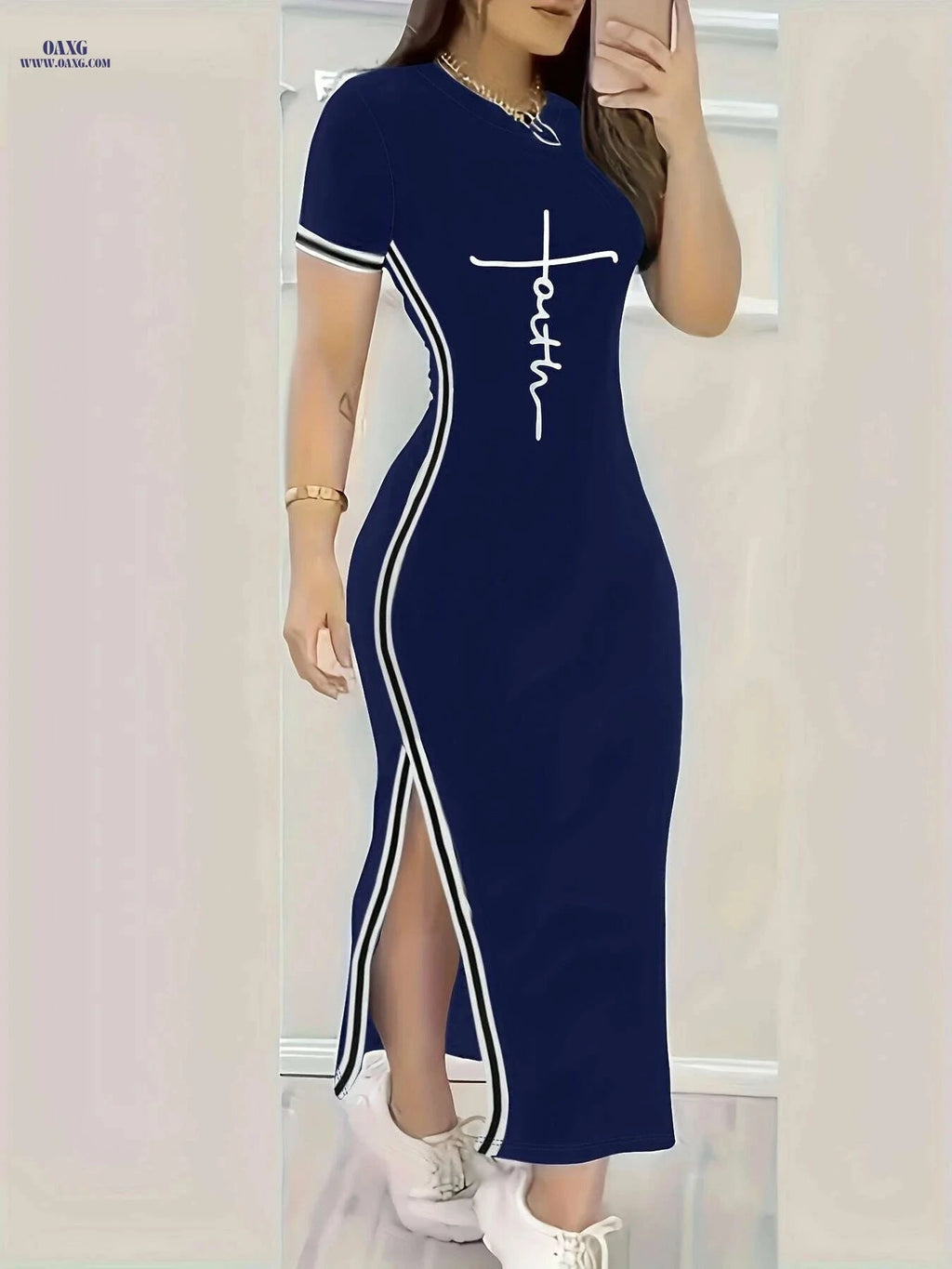 Women's Split Hem Bodycon Dress - Casual Print for Spring/Summer   OAXG 