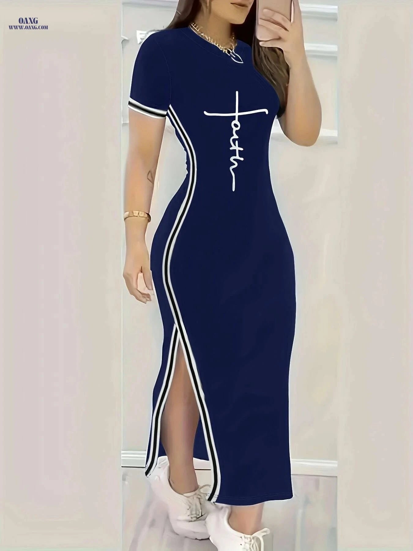 Women's Split Hem Bodycon Dress - Casual Print for Spring/Summer   OAXG 