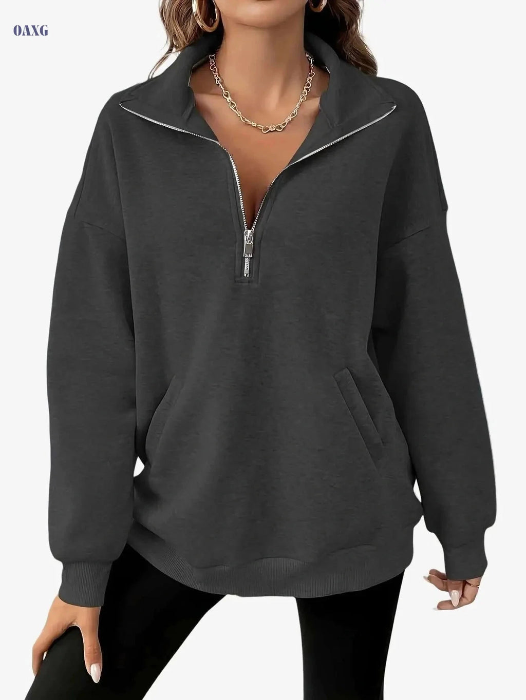 Women's Sporty Half-Zip Sweatshirt - Casual Long Sleeve Pullover   OAXG 