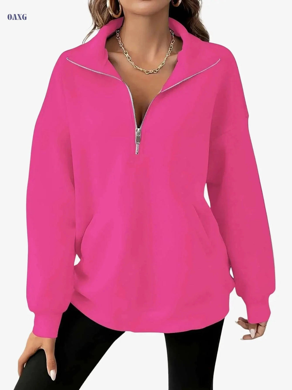 Women's Sporty Half-Zip Sweatshirt - Casual Long Sleeve Pullover   OAXG 