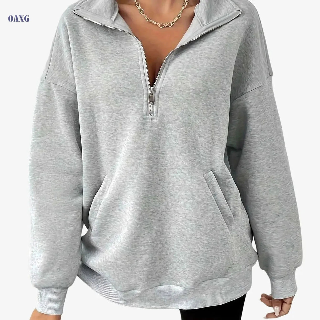 Women's Sporty Half-Zip Sweatshirt - Casual Long Sleeve Pullover   OAXG 