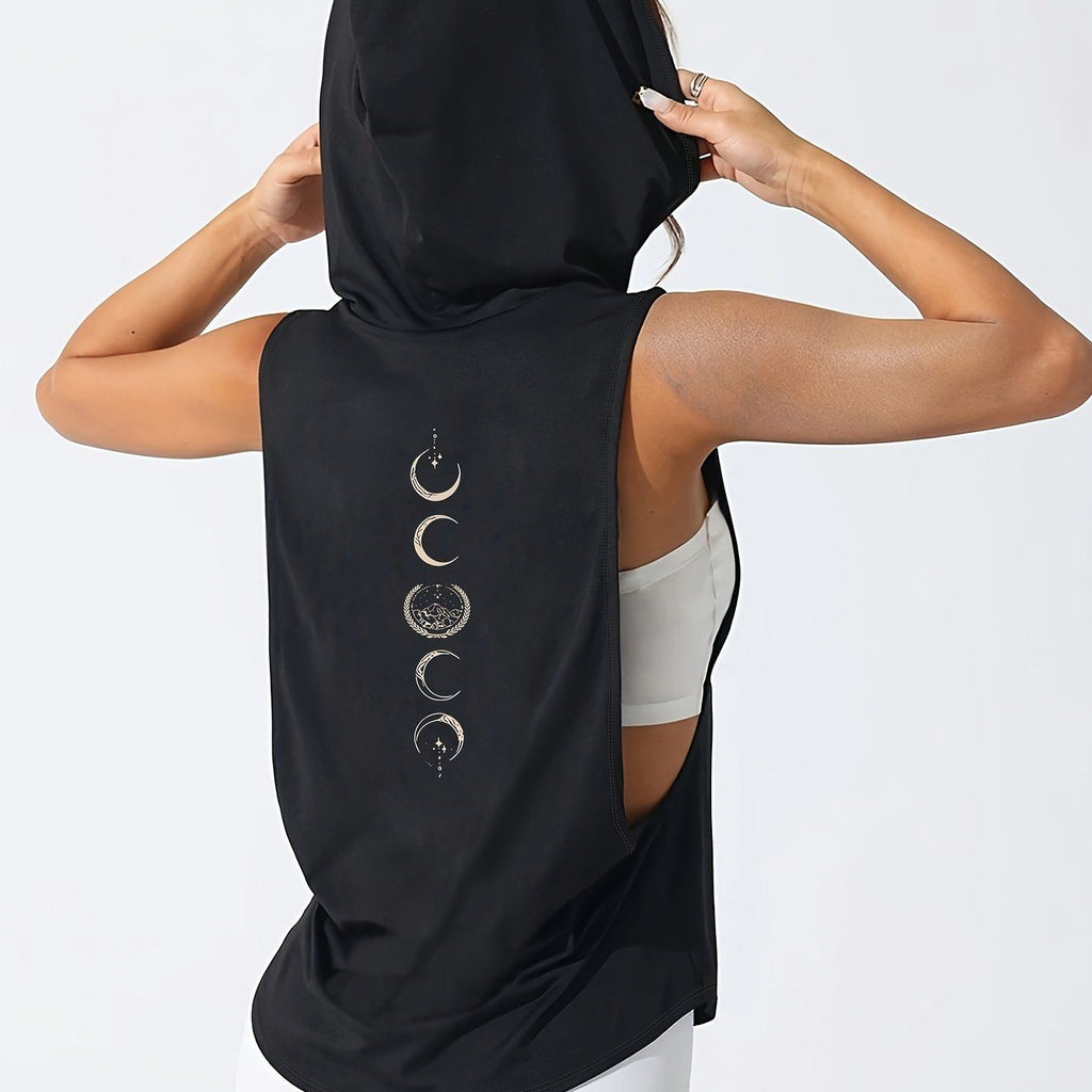Women's Sporty Hooded Vest with Moon Pattern and Constellation Element Print, Sleeveless Design, New Loose-fit Hooded Sportswear, Suitable for Spring and Summer Casual and Sporty Wear, Summer Casual Apparel, Comfortable Fabric   OAXG Black / S