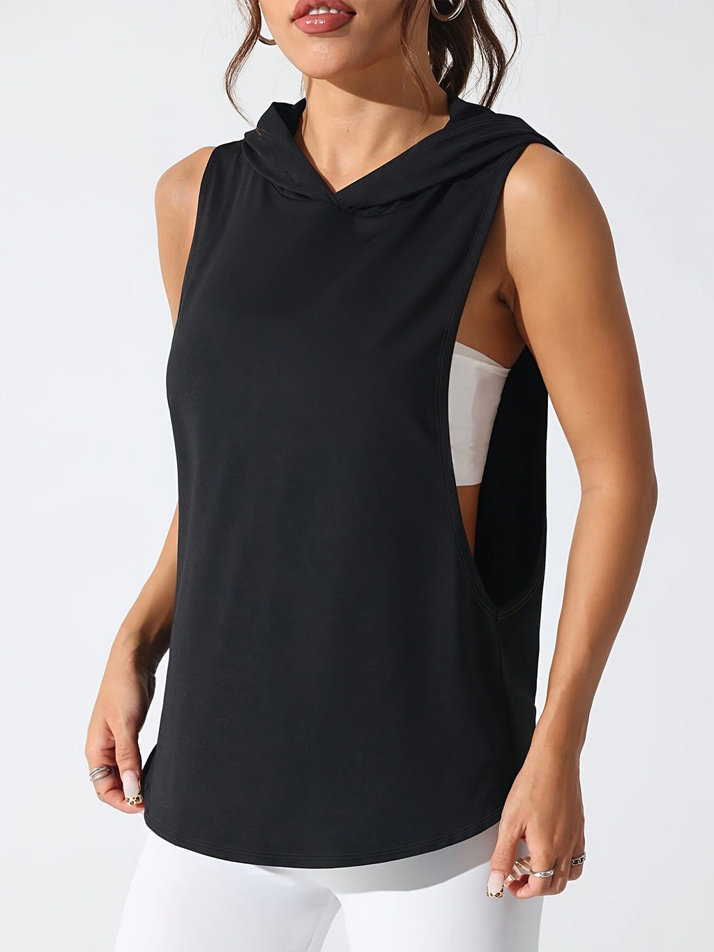 Women's Sporty Hooded Vest with Moon Pattern and Constellation Element Print, Sleeveless Design, New Loose-fit Hooded Sportswear, Suitable for Spring and Summer Casual and Sporty Wear, Summer Casual Apparel, Comfortable Fabric   OAXG Black / S