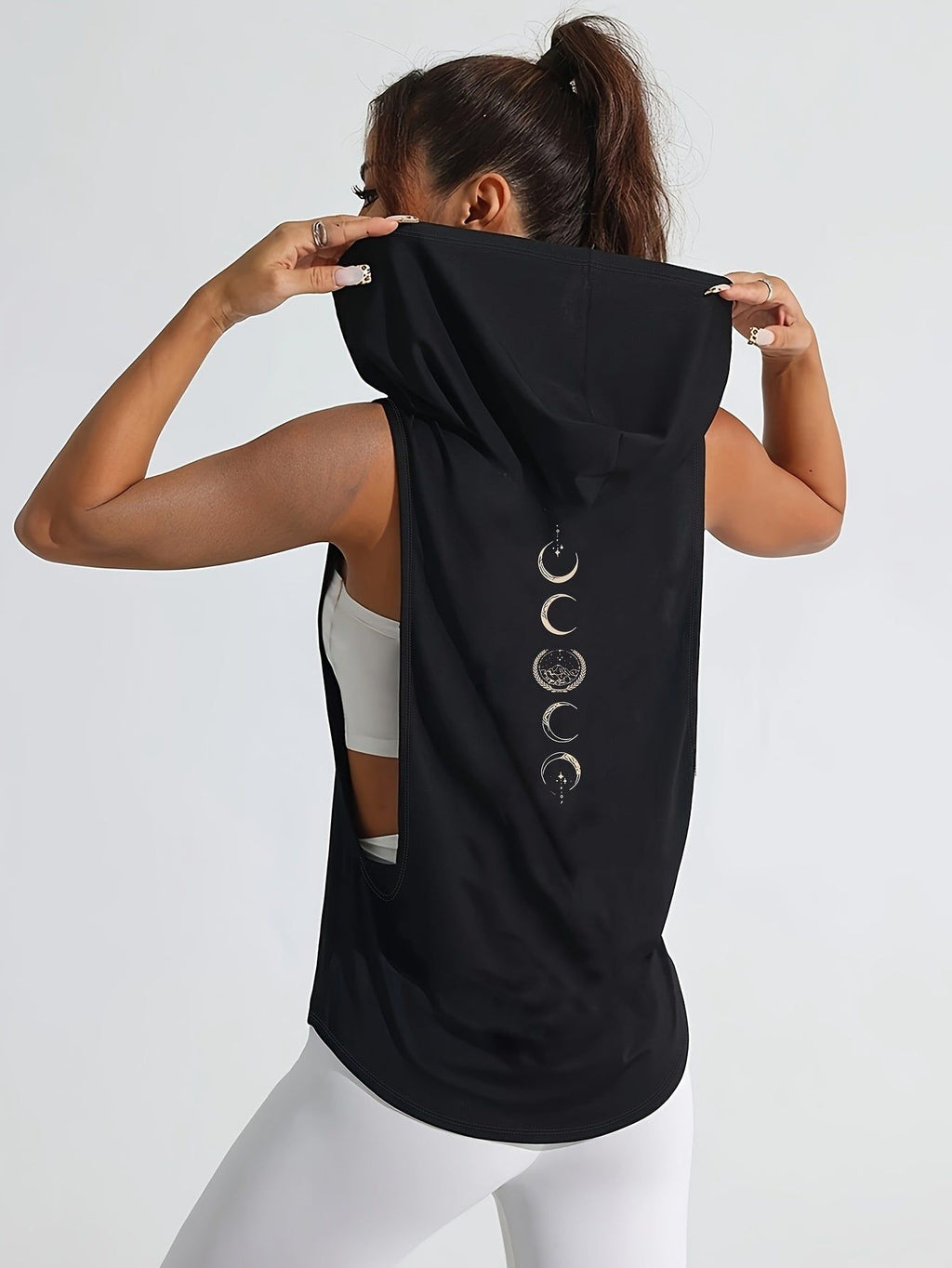 Women's Sporty Hooded Vest with Moon Pattern and Constellation Element Print, Sleeveless Design, New Loose-fit Hooded Sportswear, Suitable for Spring and Summer Casual and Sporty Wear, Summer Casual Apparel, Comfortable Fabric   OAXG Black / S