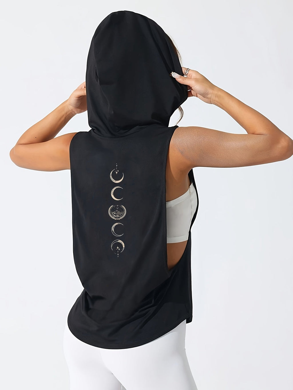 Women's Sporty Hooded Vest with Moon Pattern and Constellation Element Print, Sleeveless Design, New Loose-fit Hooded Sportswear, Suitable for Spring and Summer Casual and Sporty Wear, Summer Casual Apparel, Comfortable Fabric   OAXG Black / S