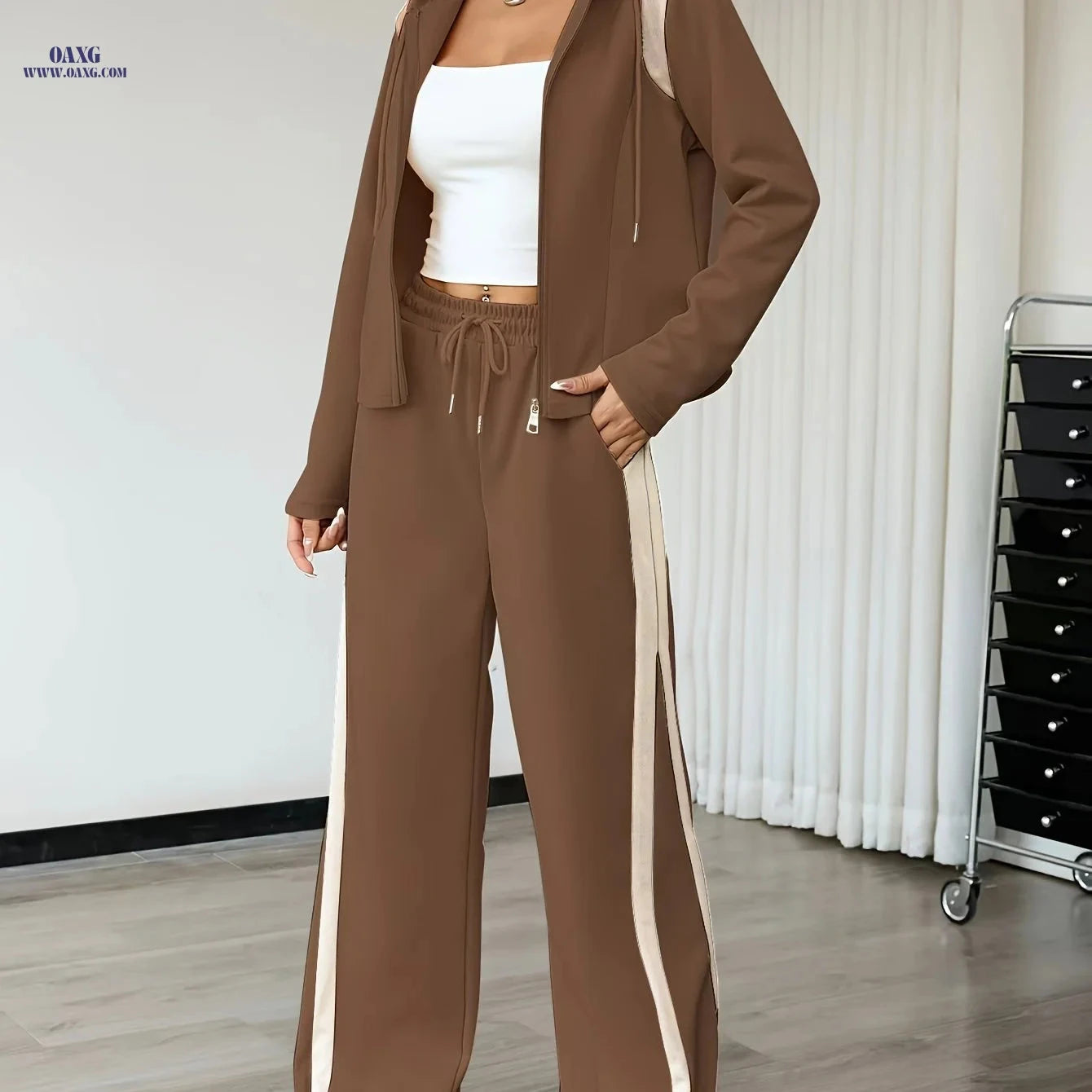 Women's Spring Long Sleeve Hooded Zip-Up Set - Elegant Color Block   OAXG Apricot / XS