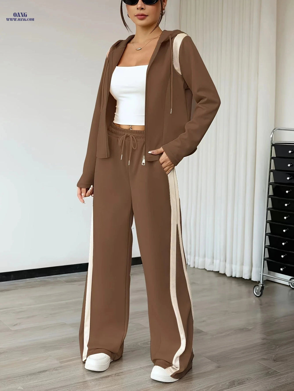 Women's Spring Long Sleeve Hooded Zip-Up Set - Elegant Color Block   OAXG 