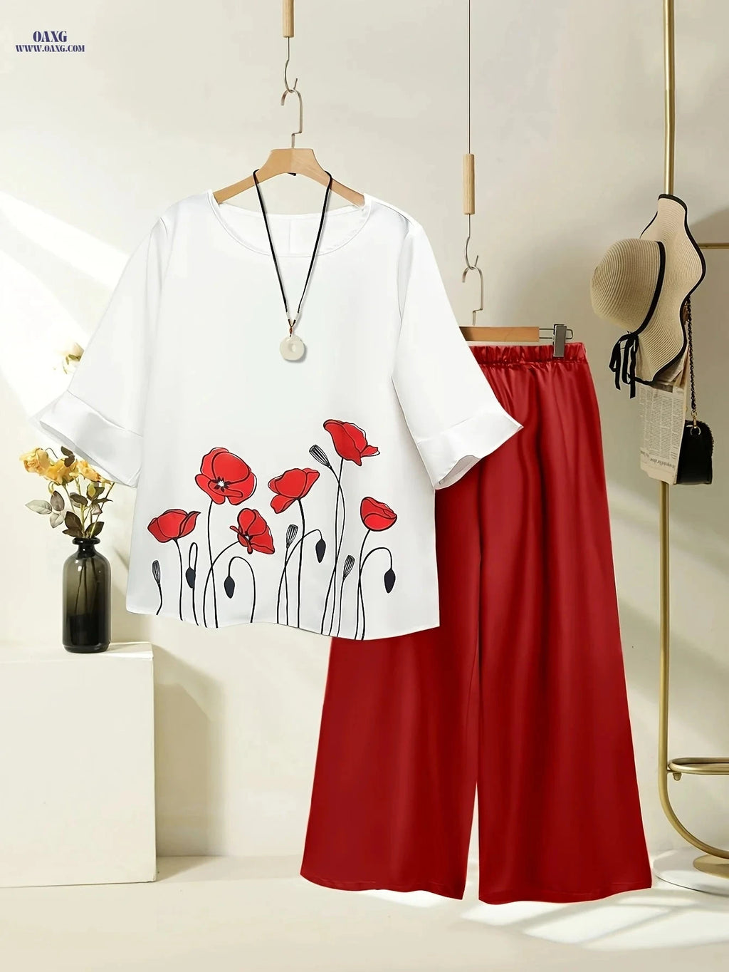Women's Spring Summer Floral Print Top & Wide Leg Pants Set   OAXG 