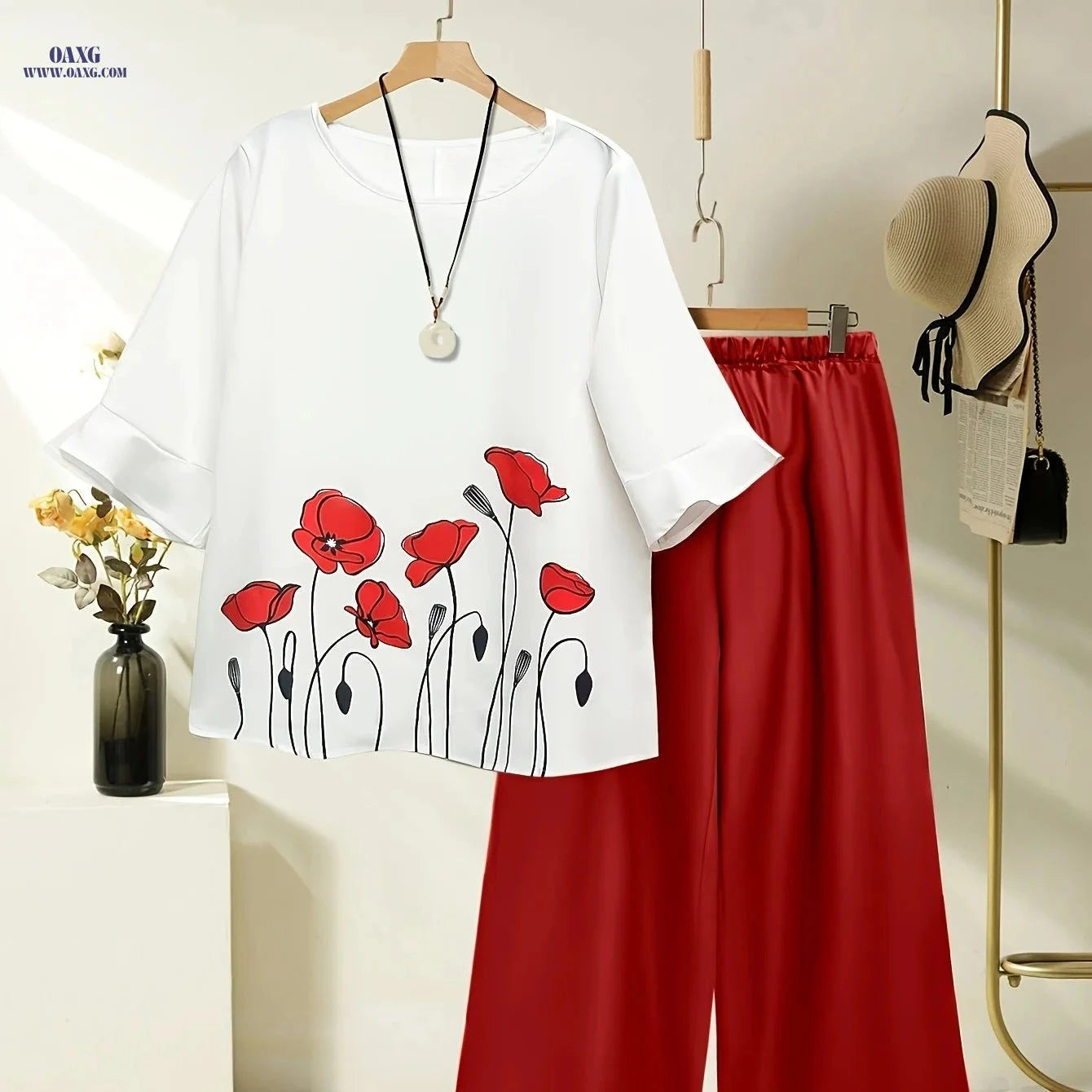 Women's Spring Summer Floral Print Top & Wide Leg Pants Set   OAXG 