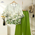 Women's Spring Summer Floral Print Top & Wide Leg Pants Set   OAXG 