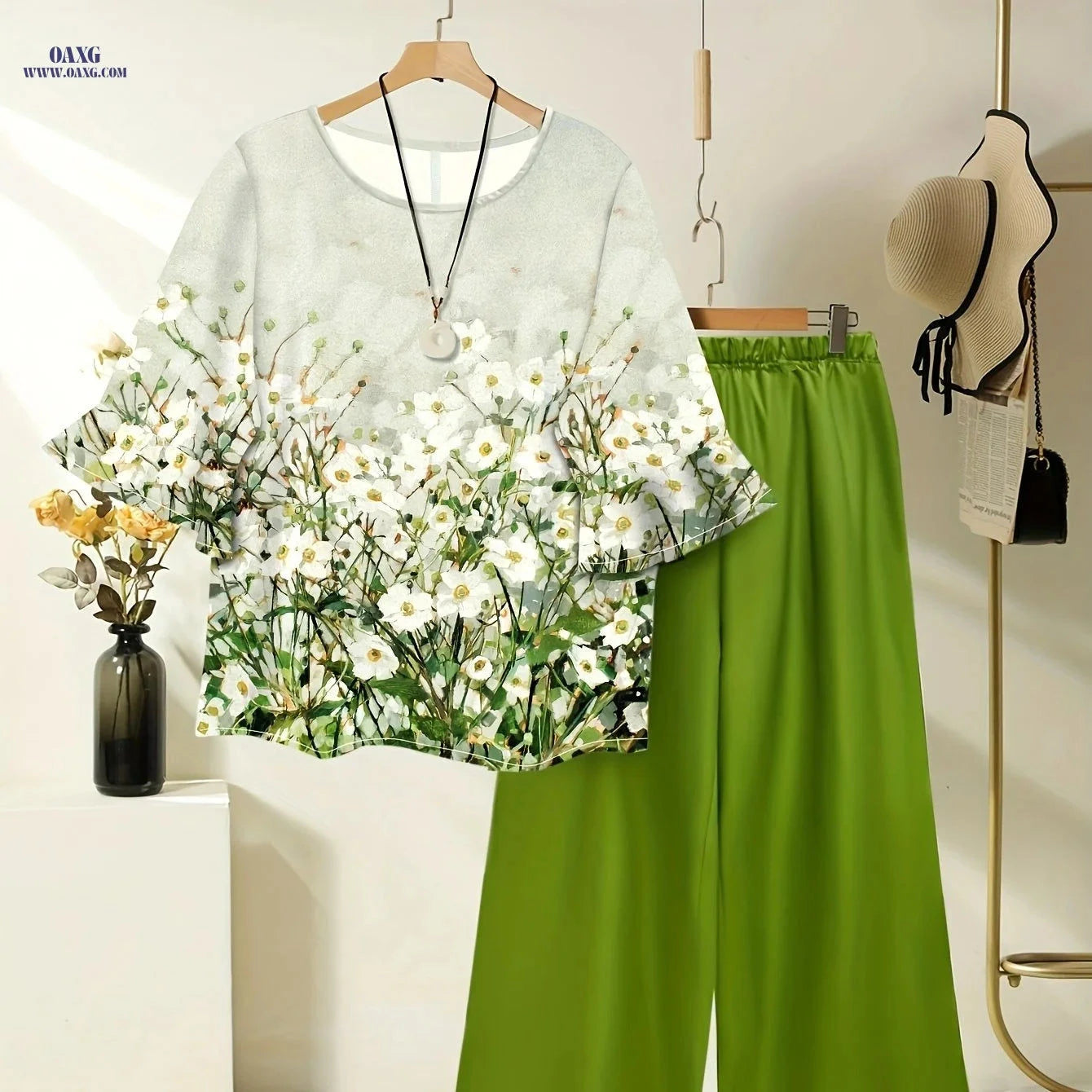 Women's Spring Summer Floral Print Top & Wide Leg Pants Set   OAXG 
