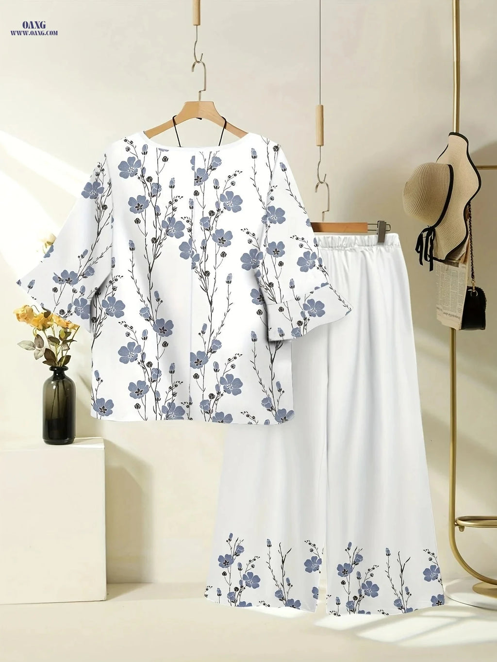 Women's Spring Summer Floral Print Top & Wide Leg Pants Set   OAXG 