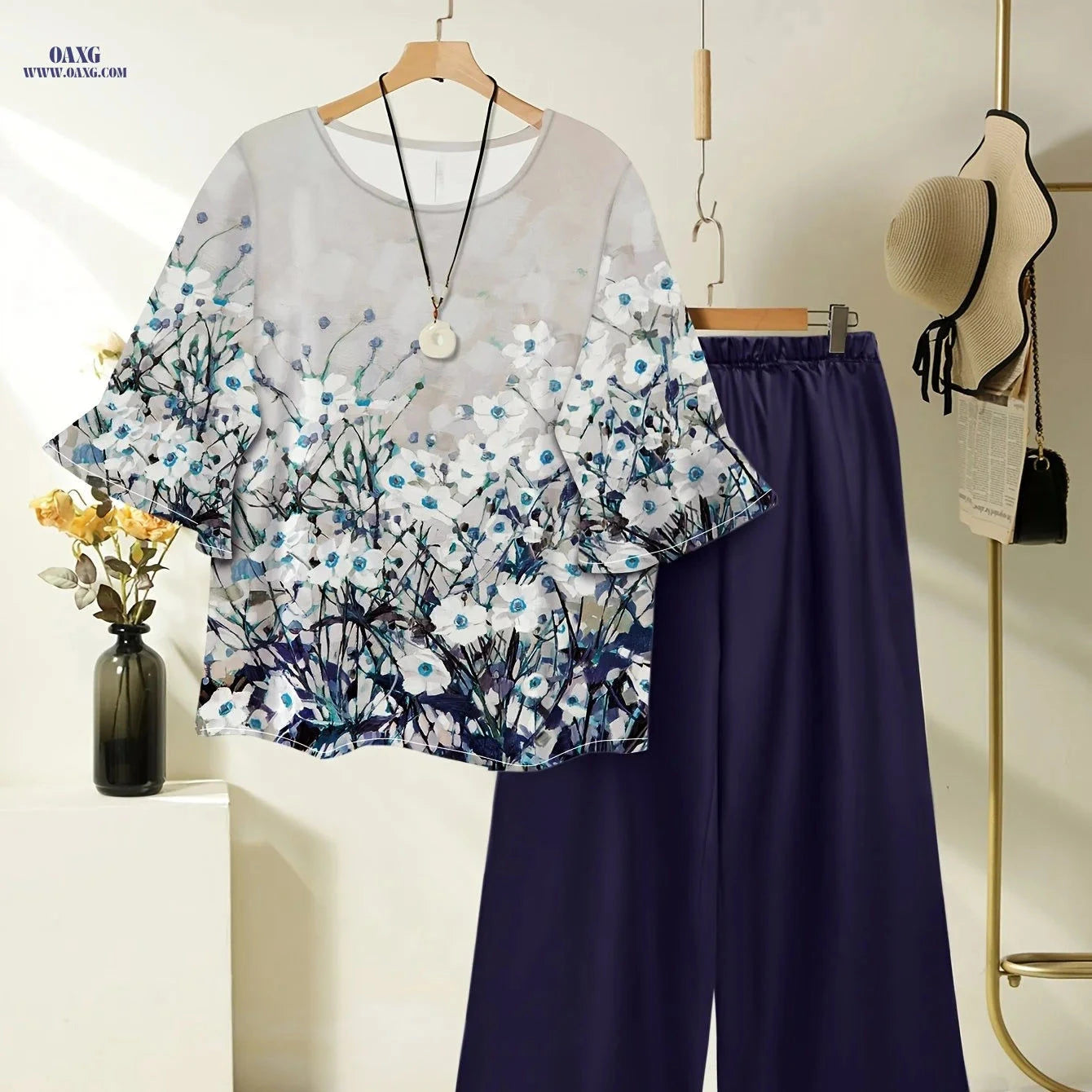 Women's Spring Summer Floral Print Top & Wide Leg Pants Set   OAXG 