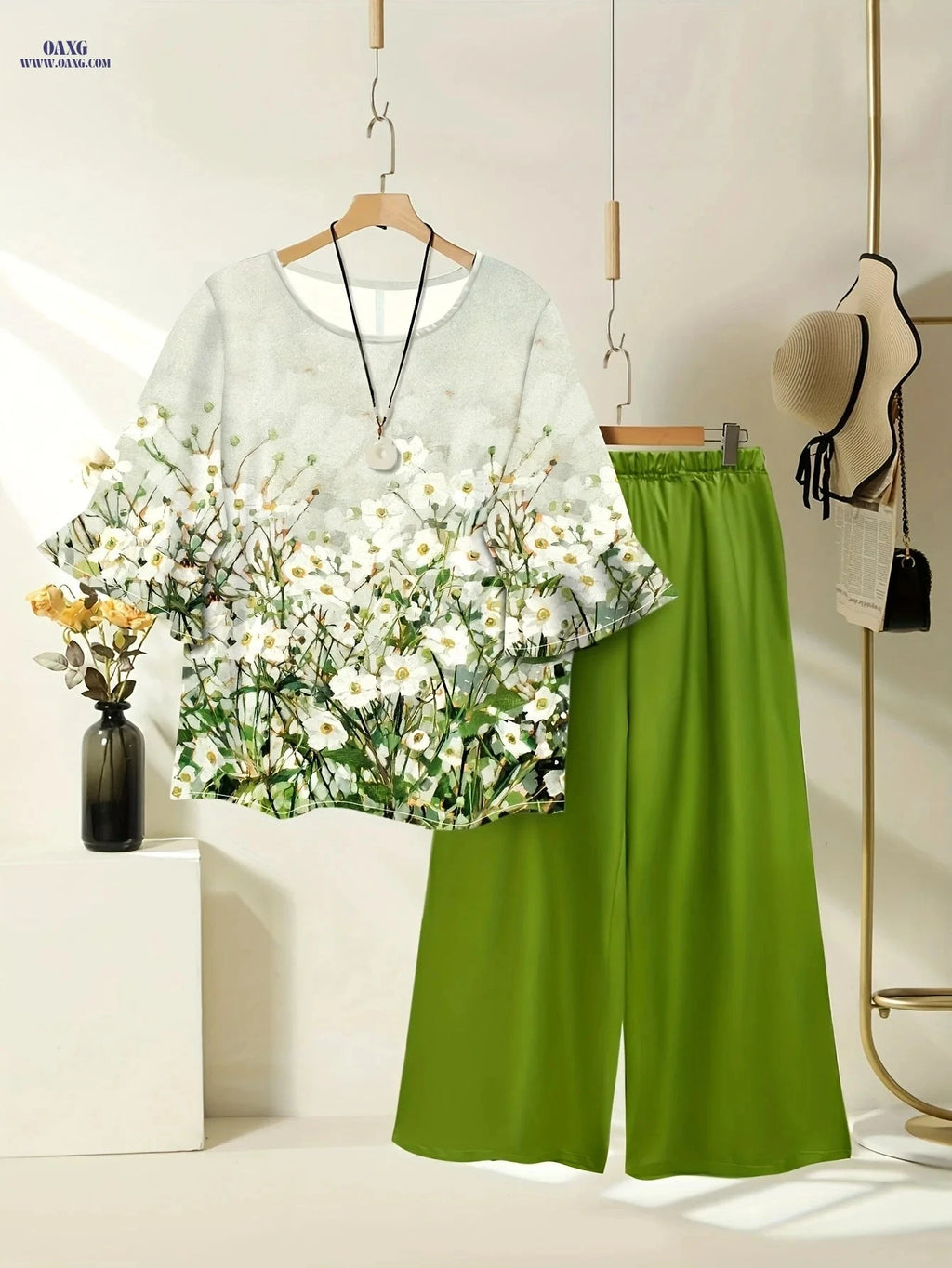 Women's Spring Summer Floral Print Top & Wide Leg Pants Set   OAXG 