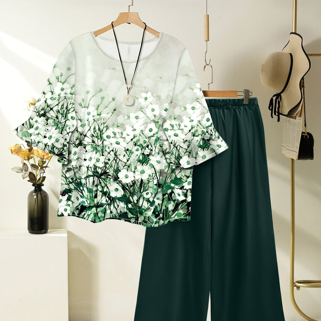 Women's Spring Summer Floral Print Top & Wide Leg Pants Set   OAXG Green / S