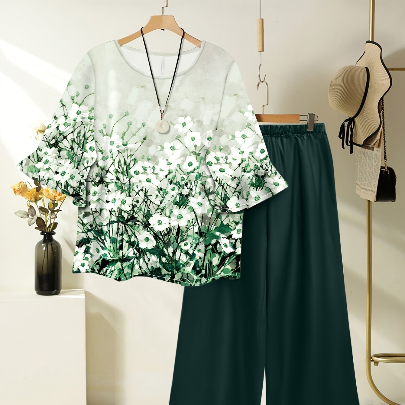 Women's Spring Summer Floral Print Top & Wide Leg Pants Set   OAXG Green / S