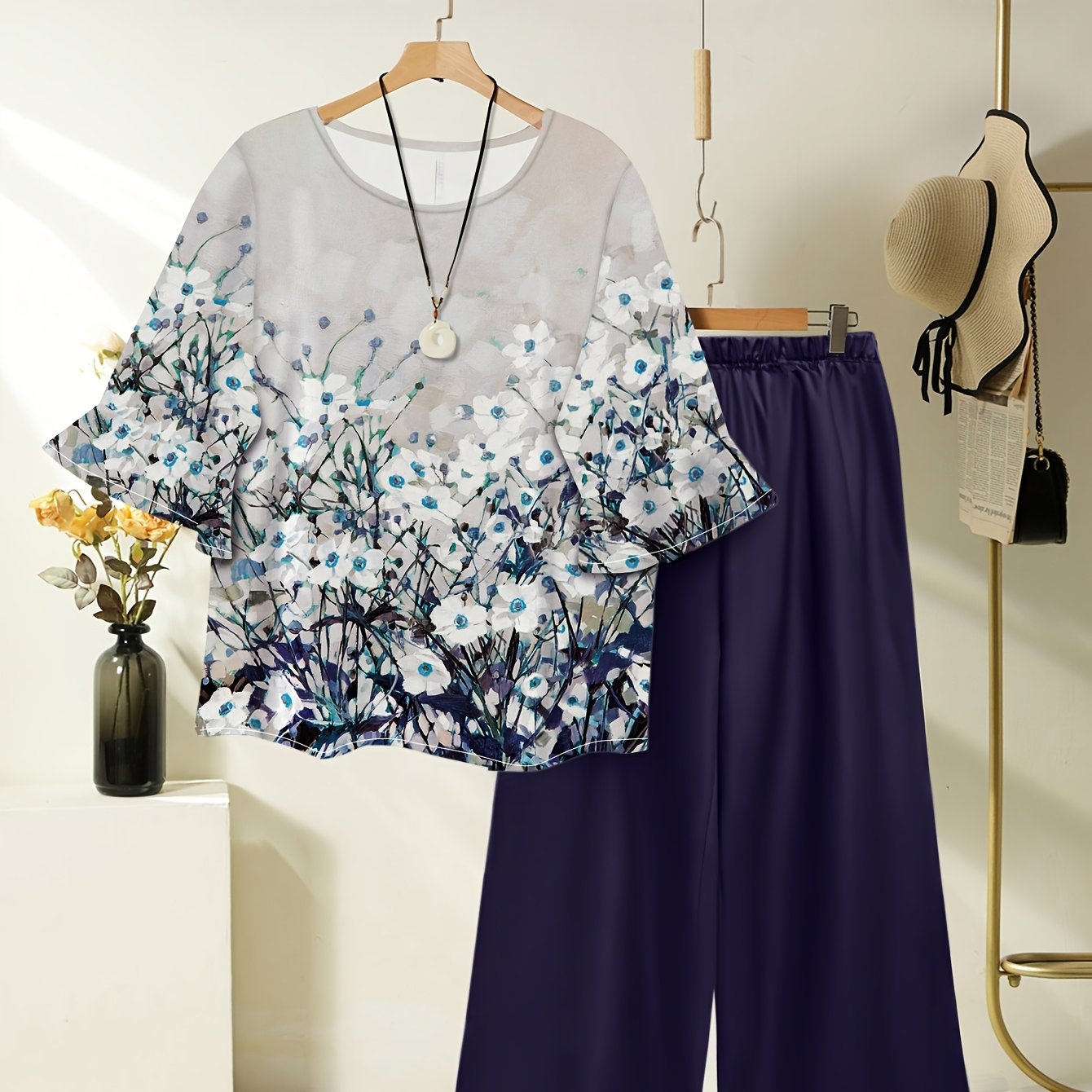 Women's Spring Summer Floral Print Top & Wide Leg Pants Set   OAXG Green / S