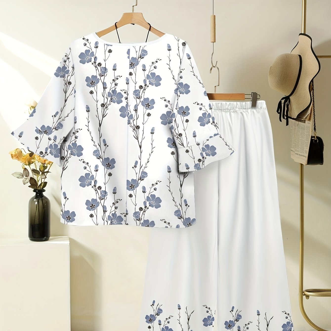 Women's Spring Summer Floral Print Top & Wide Leg Pants Set   OAXG 
