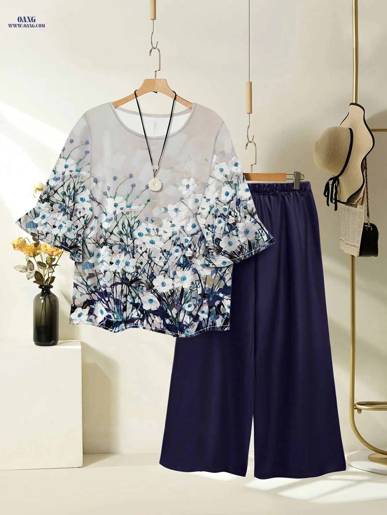 Women's Spring Summer Floral Print Top & Wide Leg Pants Set   OAXG 