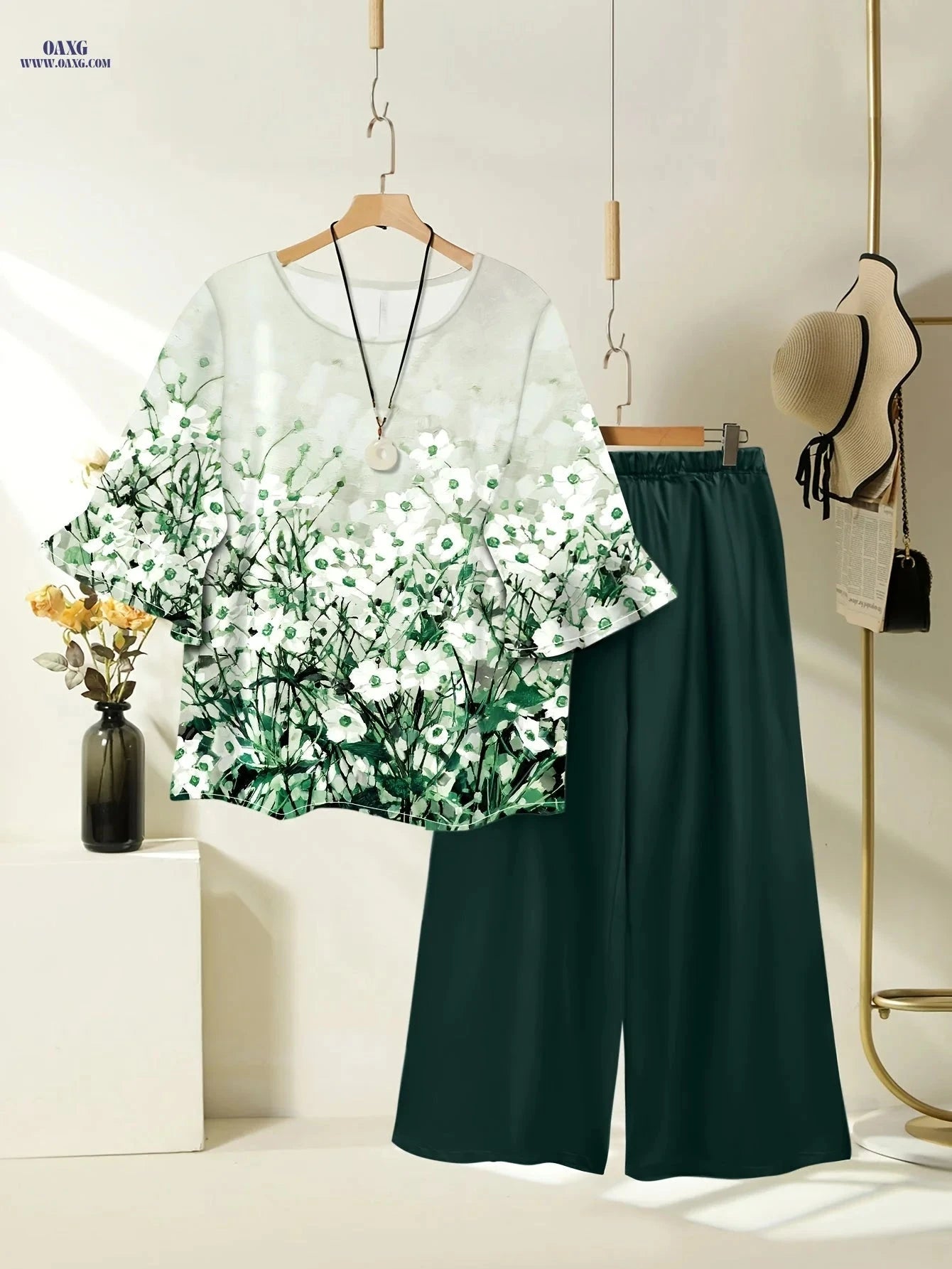 Women's Spring Summer Floral Print Top & Wide Leg Pants Set   OAXG 