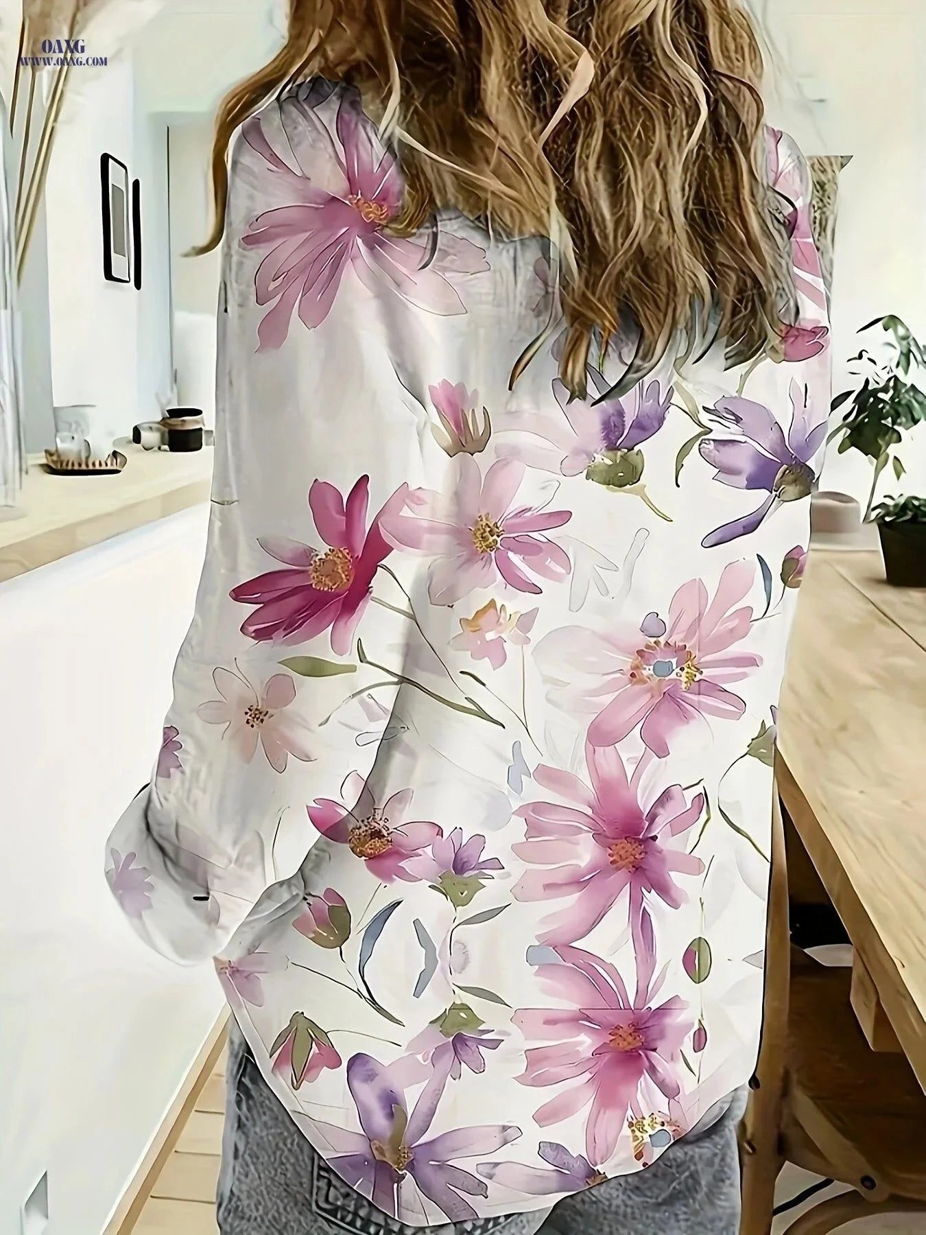 Women's Spring/Summer Shirt Top - Stylish Print, 100% Polyester   OAXG Mixed colors / S